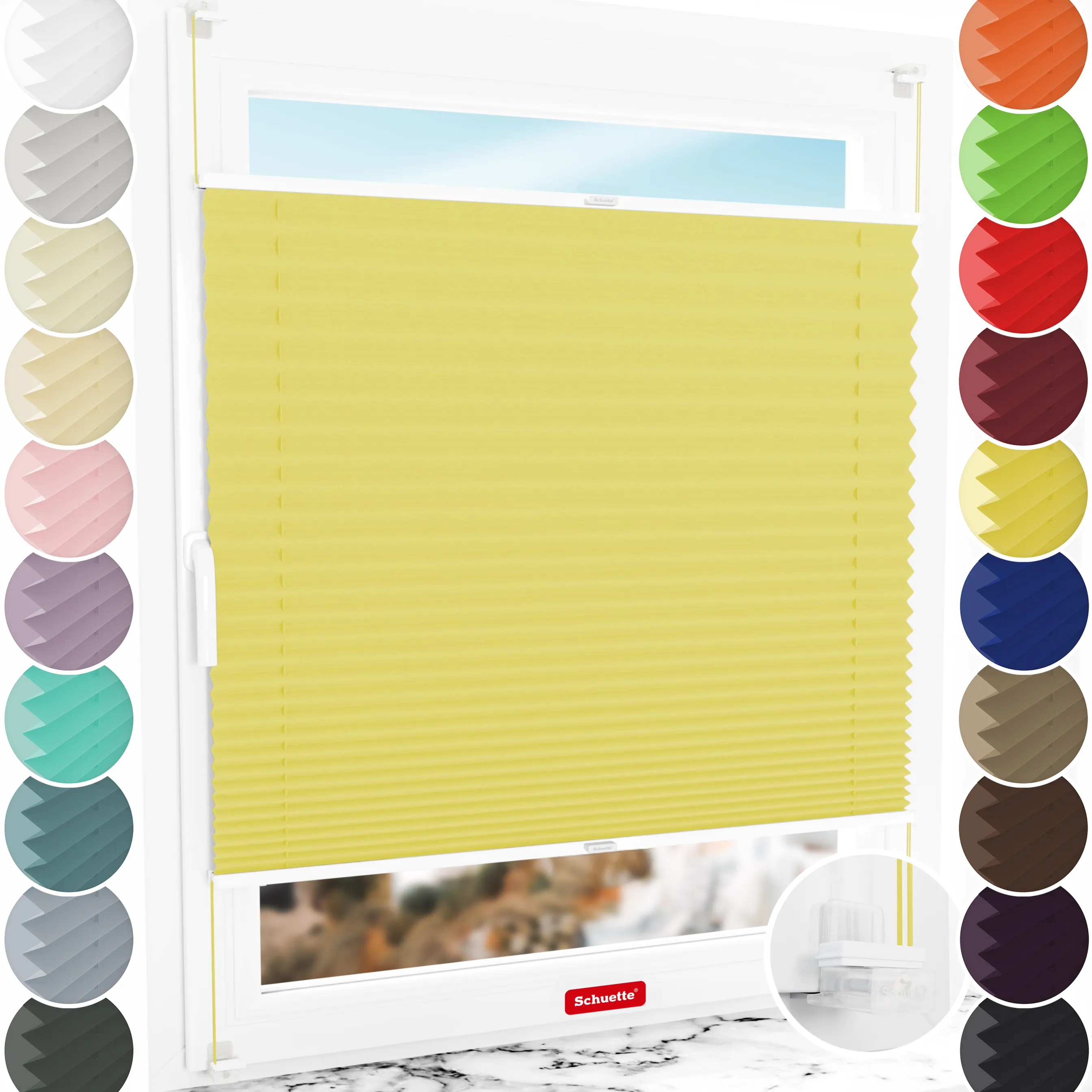 Schuette® Plissee ohne Bohren nach Maß • Suprafix Klemmhalter “Incognito X" • Thermo Kollektion: Sunflower (Gelb) • Profilfarbe: Weiß