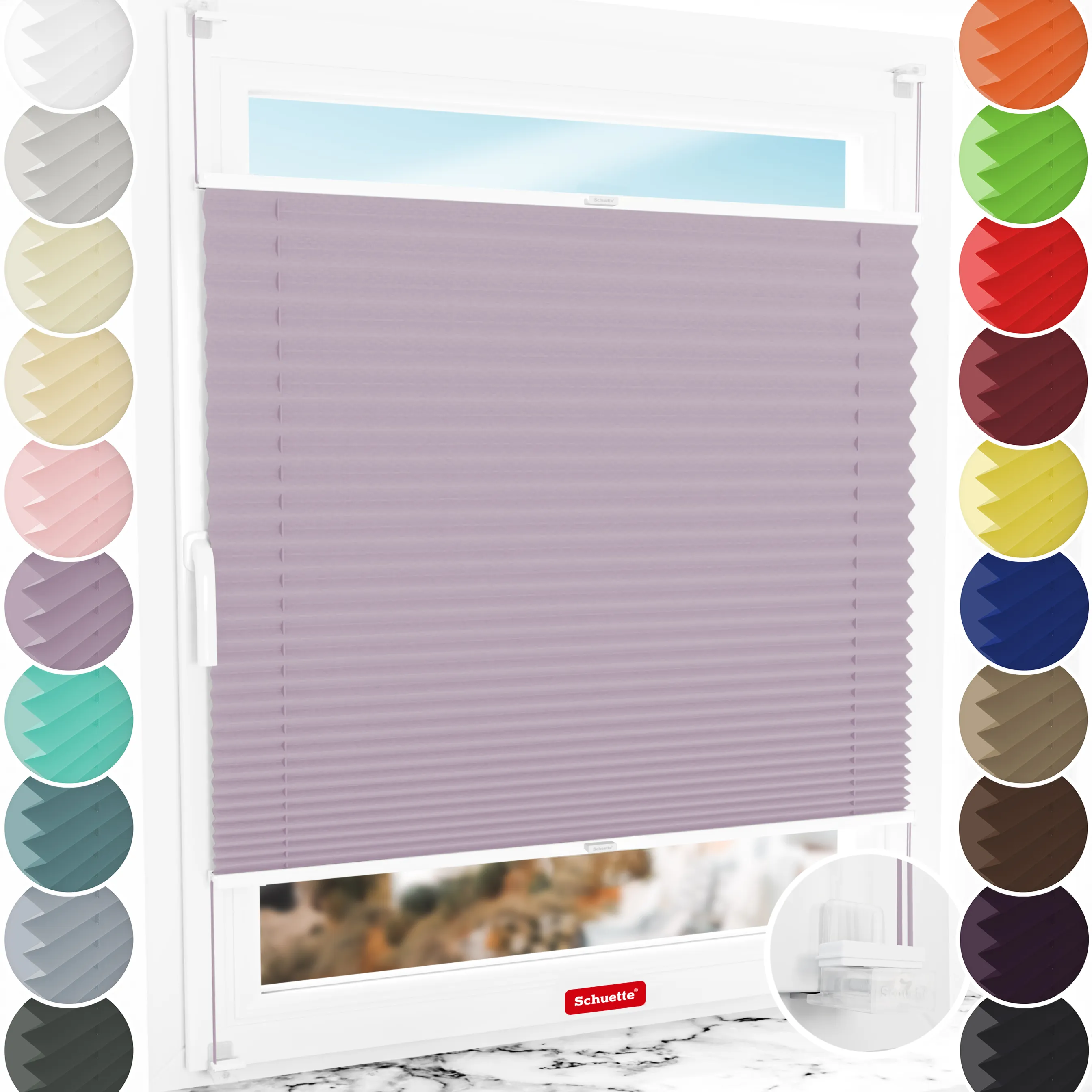 Schuette® Plissee ohne Bohren nach Maß • Suprafix Klemmhalter “Incognito X" • Thermo Kollektion: Pastel Grape (lila) • Profilfarbe: Weiß
