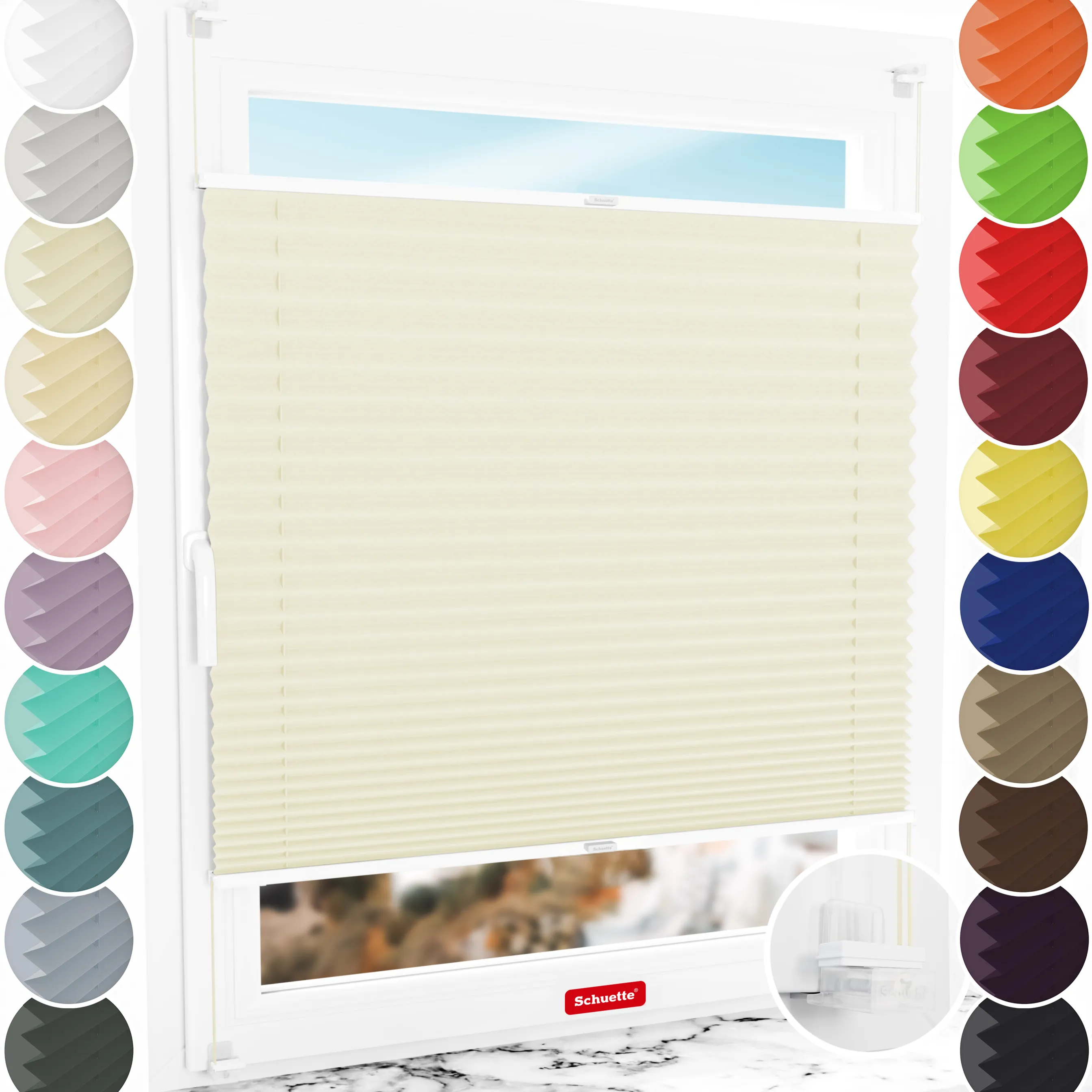 Schuette® Plissee ohne Bohren nach Maß • Suprafix Klemmhalter “Incognito X" • Thermo Kollektion: Sandstone (Beige) • Profilfarbe: Weiß