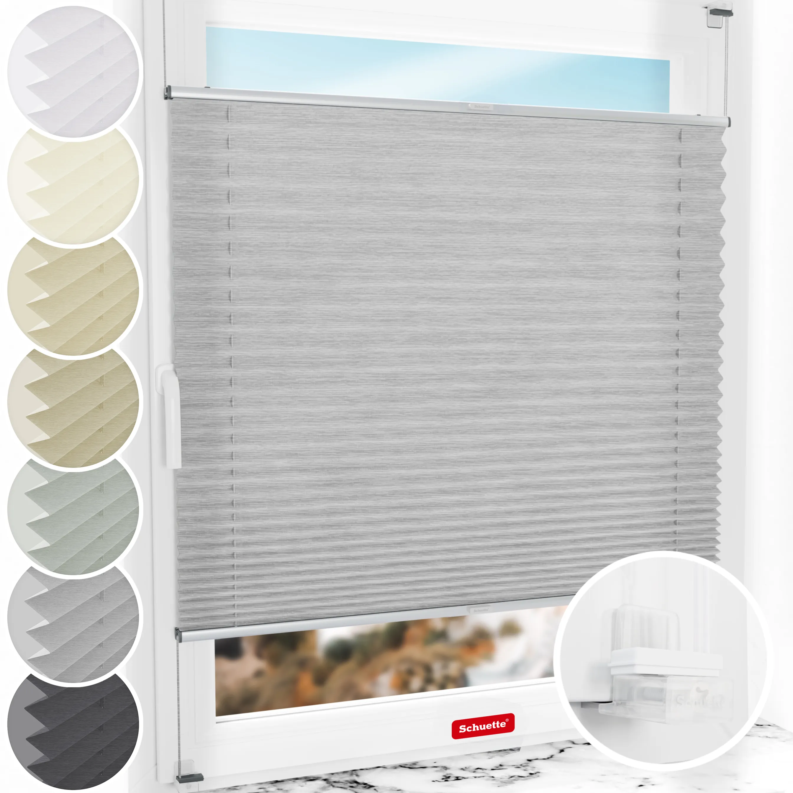 Schuette® Plissee ohne Bohren nach Maß • Suprafix Klemmhalter “Incognito X" • Dolomite Kollektion: Storm Gray (Grau) • Profilfarbe: Silber