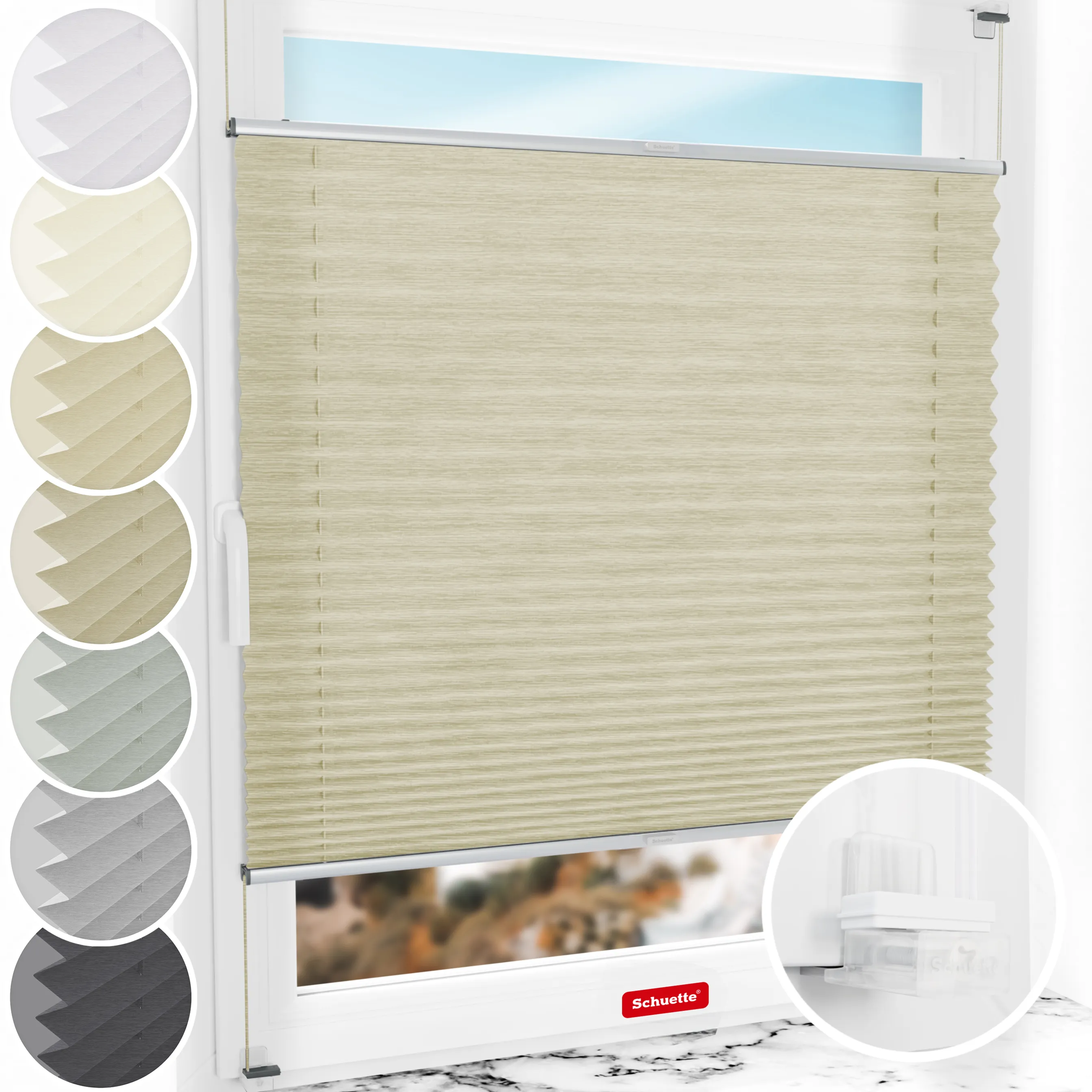 Schuette® Plissee ohne Bohren nach Maß • Suprafix Klemmhalter “Incognito X" • Dolomite Kollektion: Light Coffee (Beige) • Profilfarbe: Silber