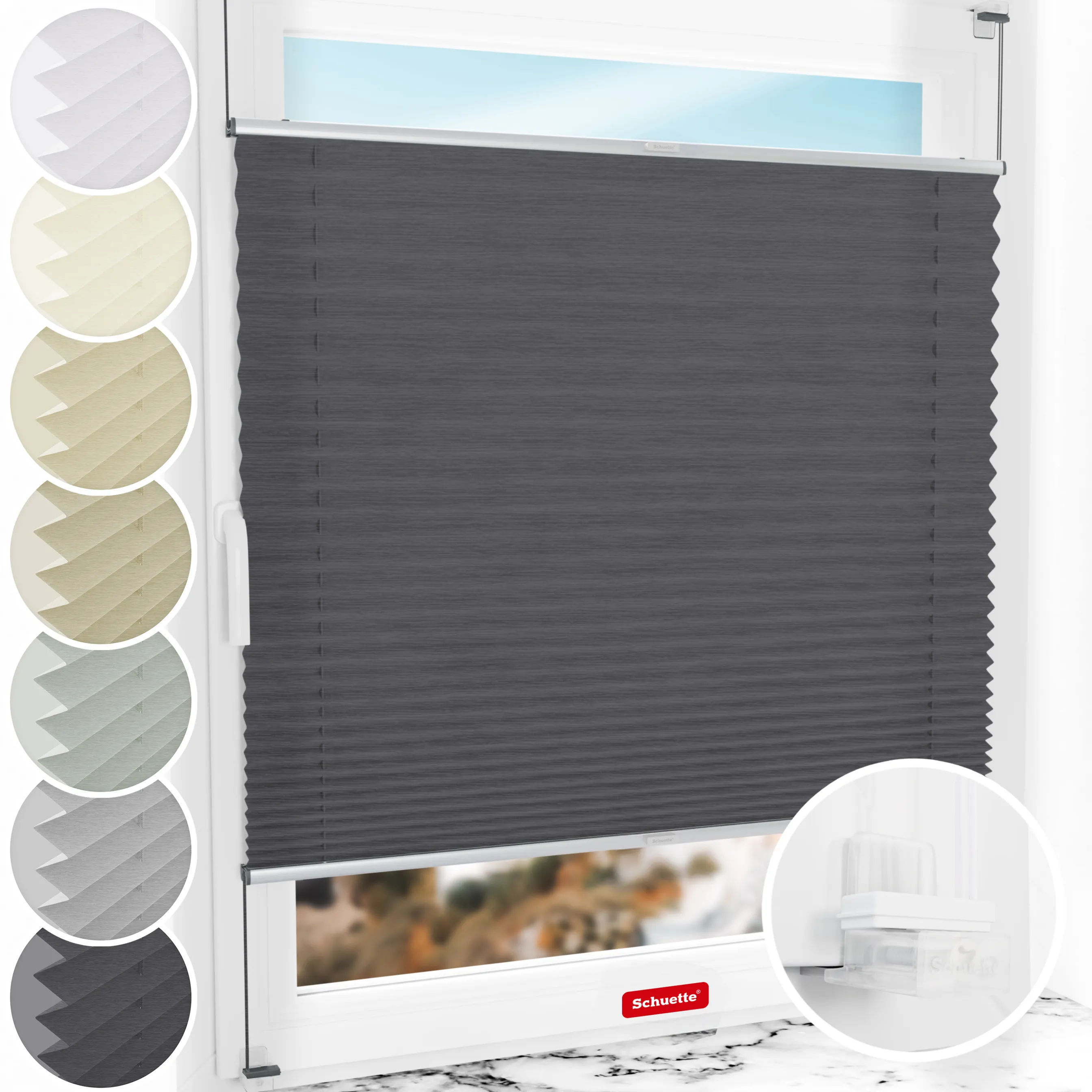 Schuette® Plissee ohne Bohren nach Maß • Suprafix Klemmhalter “Incognito X" • Dolomite Kollektion: Dark Vintage (Grau) • Profilfarbe: Silber