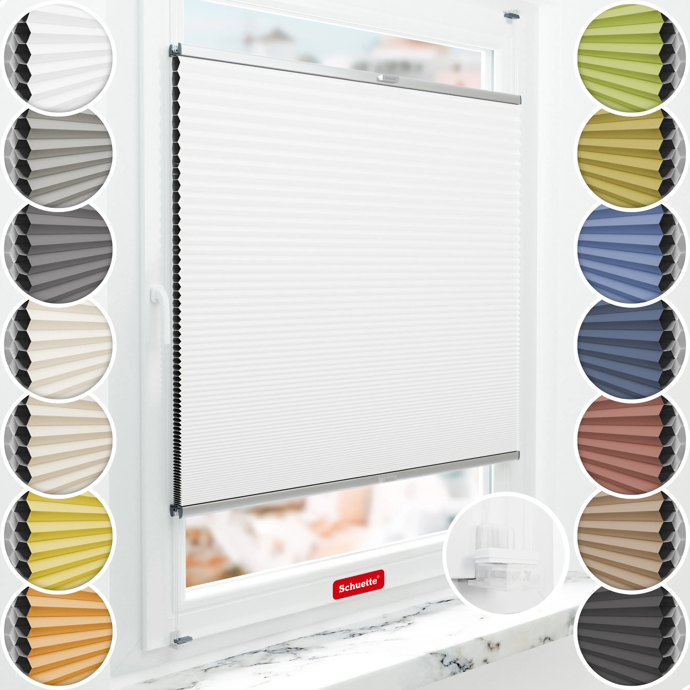 Schuette® Wabenplissee ohne Bohren nach Maß • Suprafix Klemmhalter “Incognito X" • Honey Kollektion: Moonlight (Weiß) • Profilfarbe: Silber