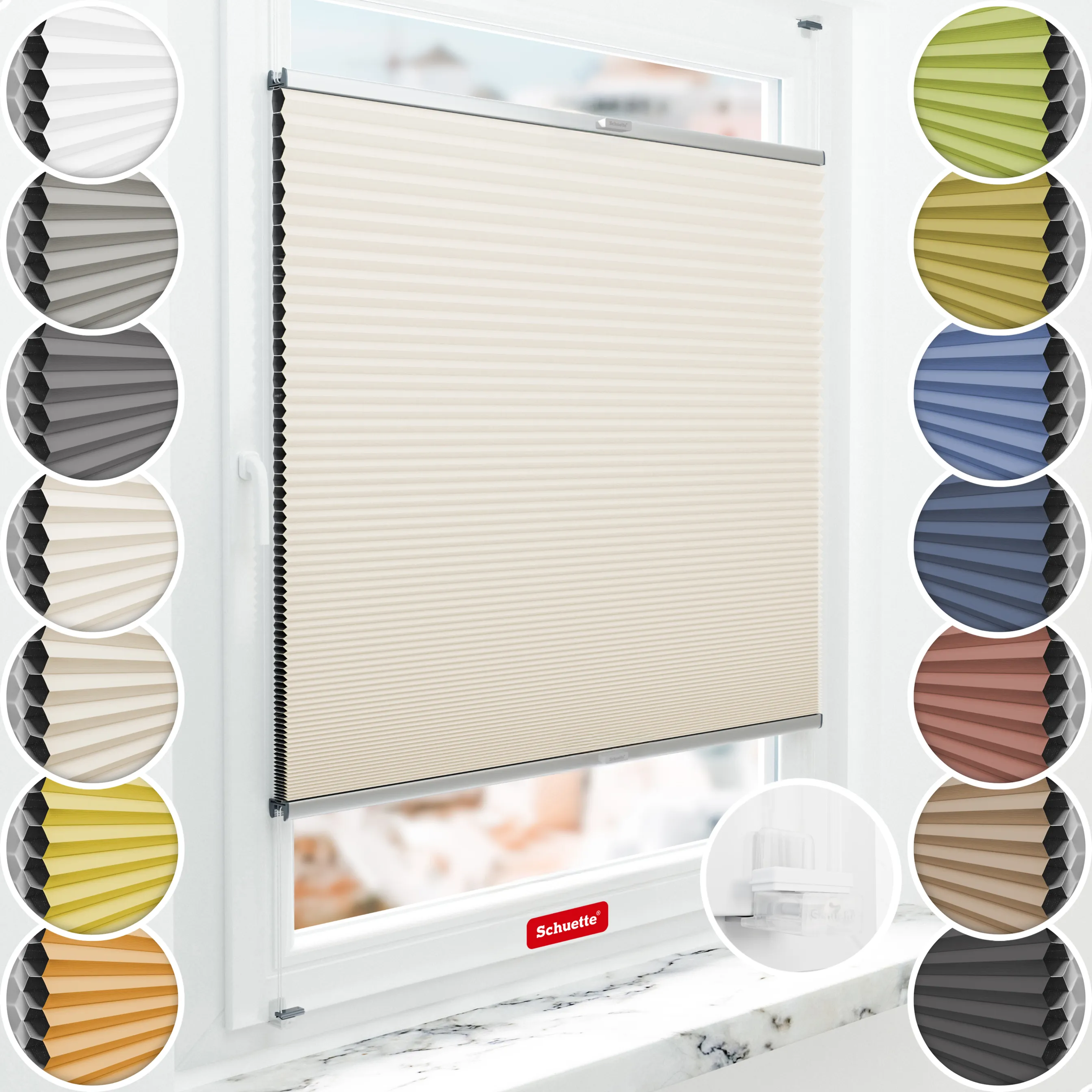 Schuette® Wabenplissee ohne Bohren nach Maß • Suprafix Klemmhalter “Incognito X" • Honey Kollektion: Calm Coast (Beige) • Profilfarbe: Silber