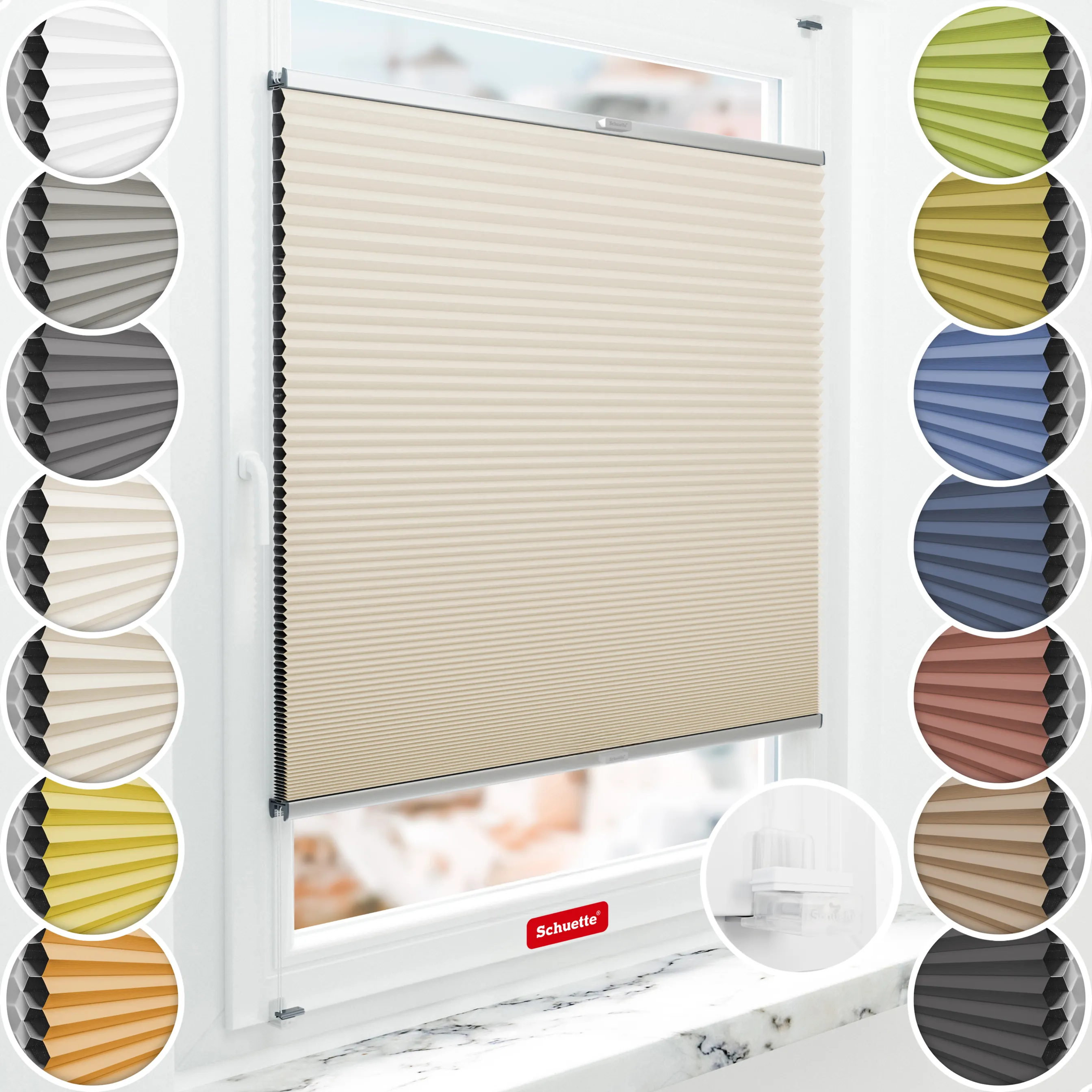 Schuette® Wabenplissee ohne Bohren nach Maß • Suprafix Klemmhalter “Incognito X" • Honey Kollektion: The Dune (Beige) • Profilfarbe: Silber