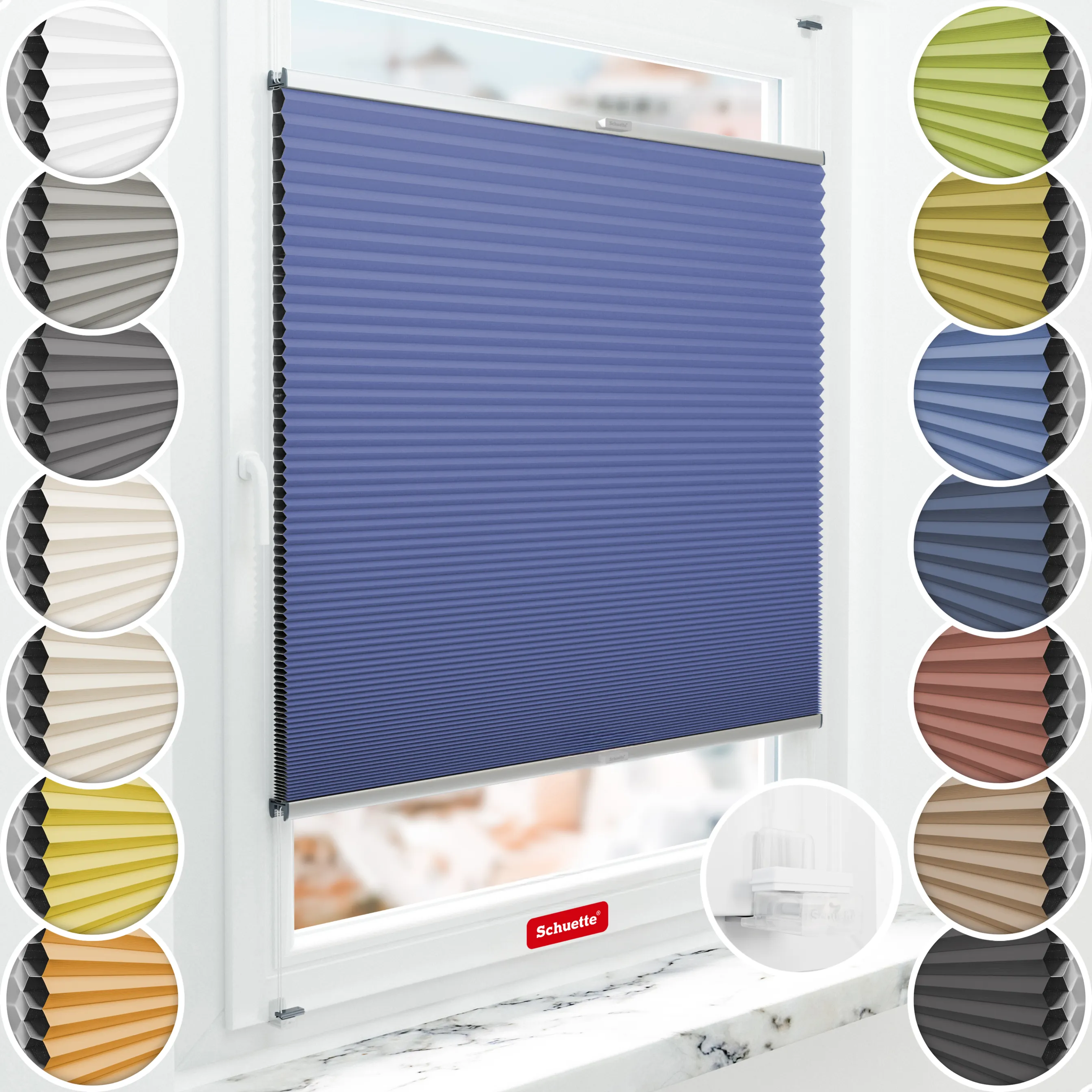 Schuette® Wabenplissee ohne Bohren nach Maß • Suprafix Klemmhalter “Incognito X" • Honey Kollektion: Skyline (Blau) • Profilfarbe: Silber