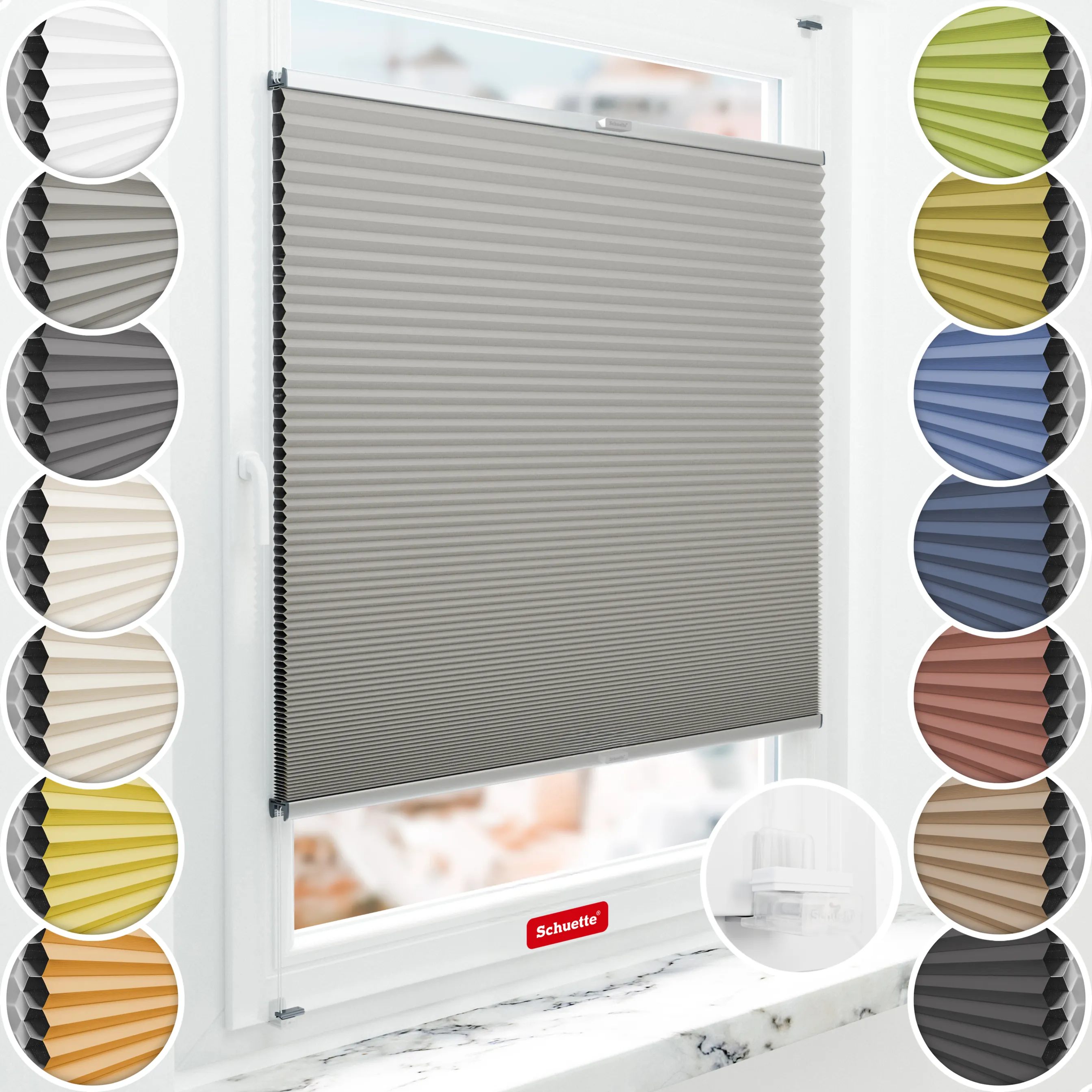 Schuette® Wabenplissee ohne Bohren nach Maß • Suprafix Klemmhalter “Incognito X" • Honey Kollektion: Silver Mist (Grau) • Profilfarbe: Silber