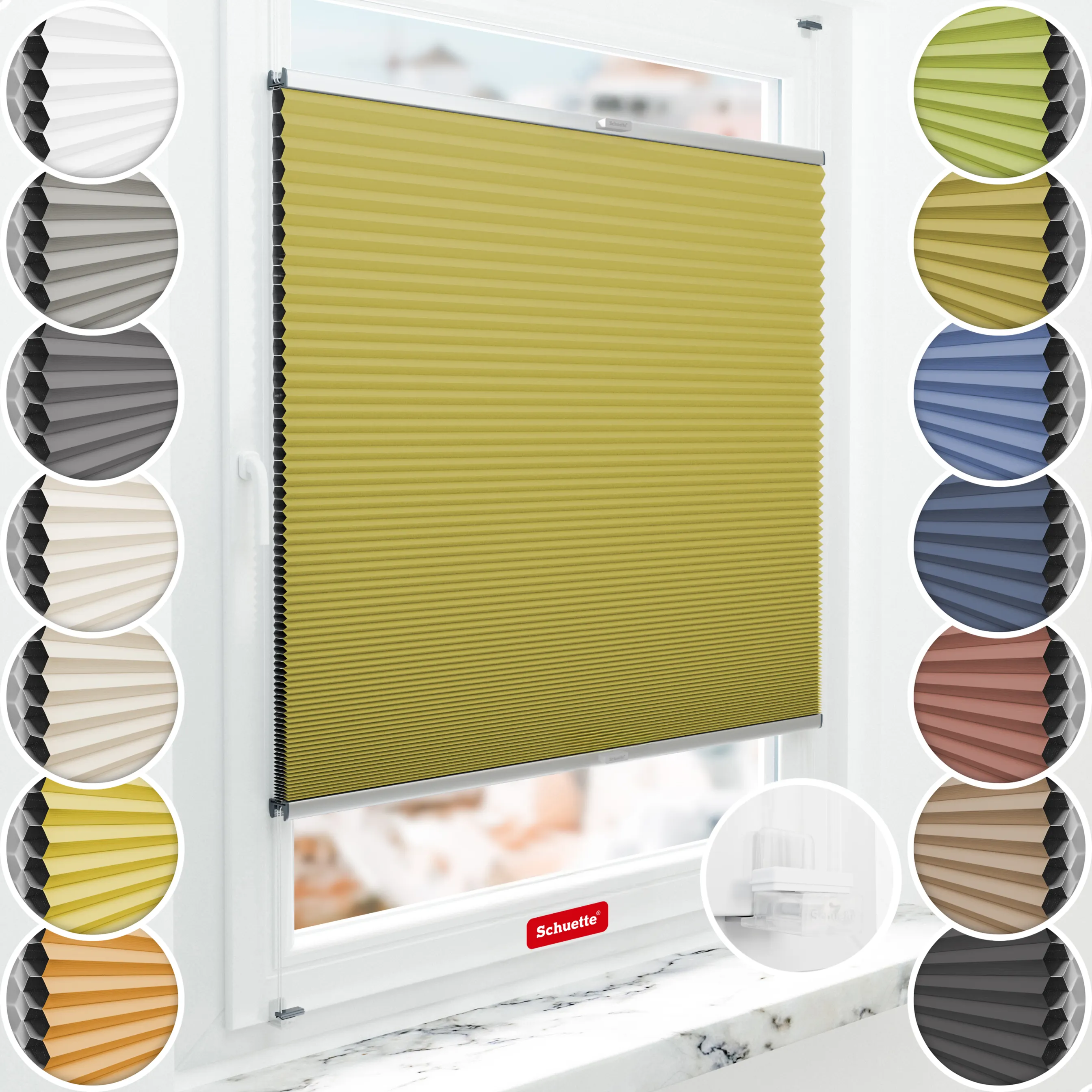 Schuette® Wabenplissee ohne Bohren nach Maß • Suprafix Klemmhalter “Incognito X" • Honey Kollektion: Olive Branch (Olivgrün) • Profilfarbe: Silber