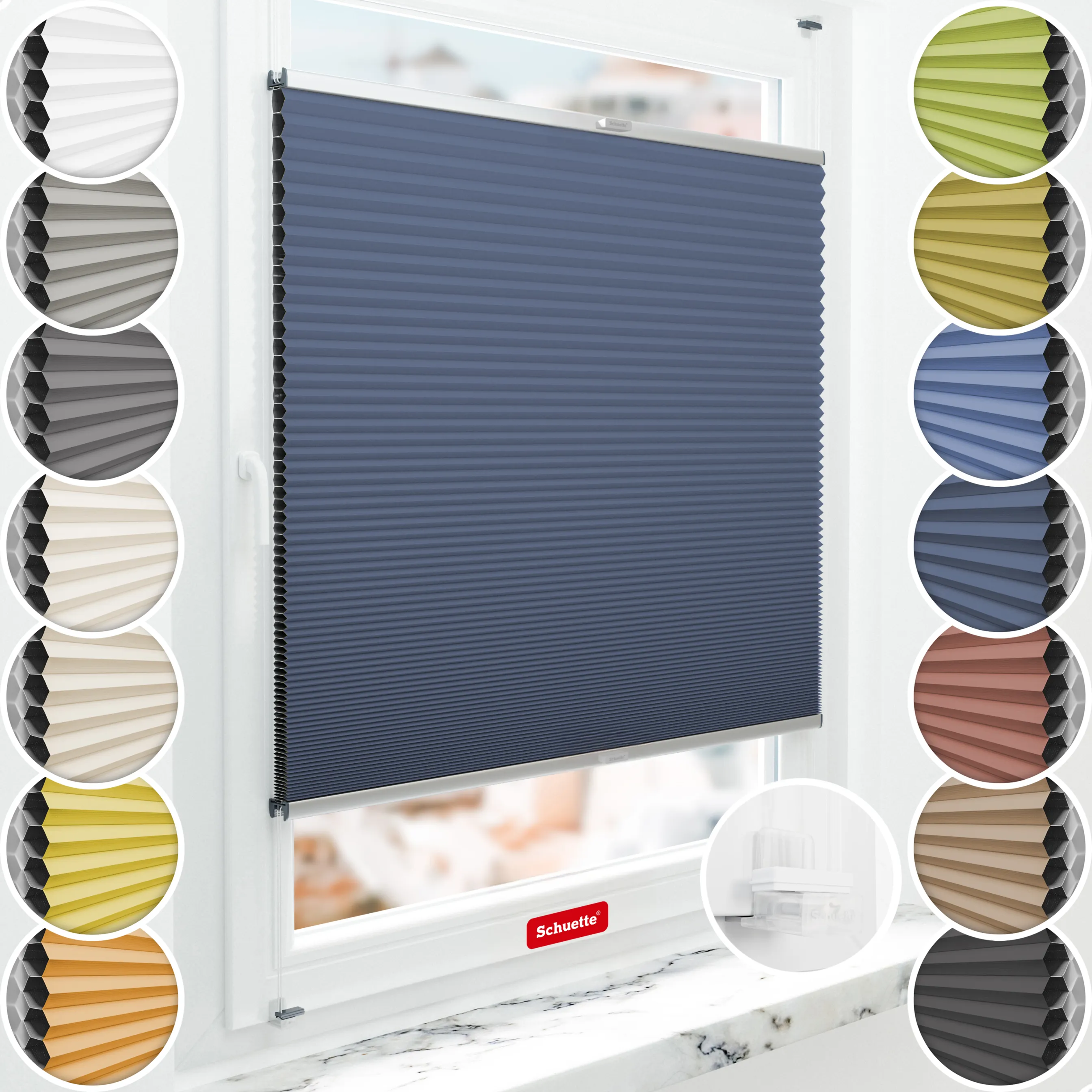 Schuette® Wabenplissee ohne Bohren nach Maß • Suprafix Klemmhalter “Incognito X" • Honey Kollektion: Arctic Ocean (Dunkelblau) • Profilfarbe: Silber