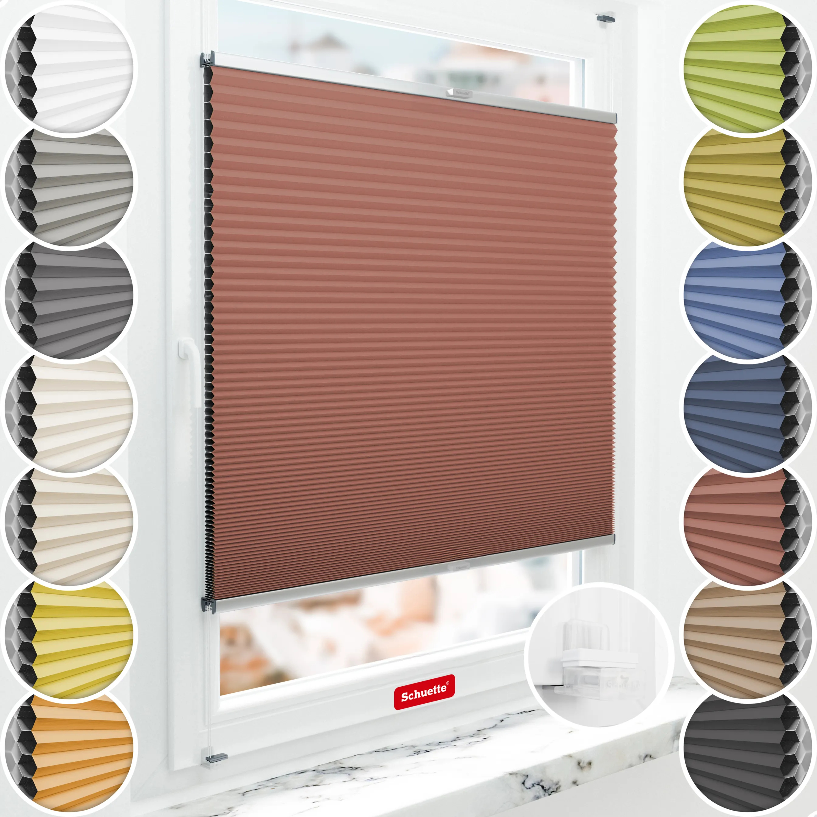 Schuette® Wabenplissee ohne Bohren nach Maß • Suprafix Klemmhalter “Incognito X" • Honey Kollektion: Poppy Petal (Dunkelrot) • Profilfarbe: Silber