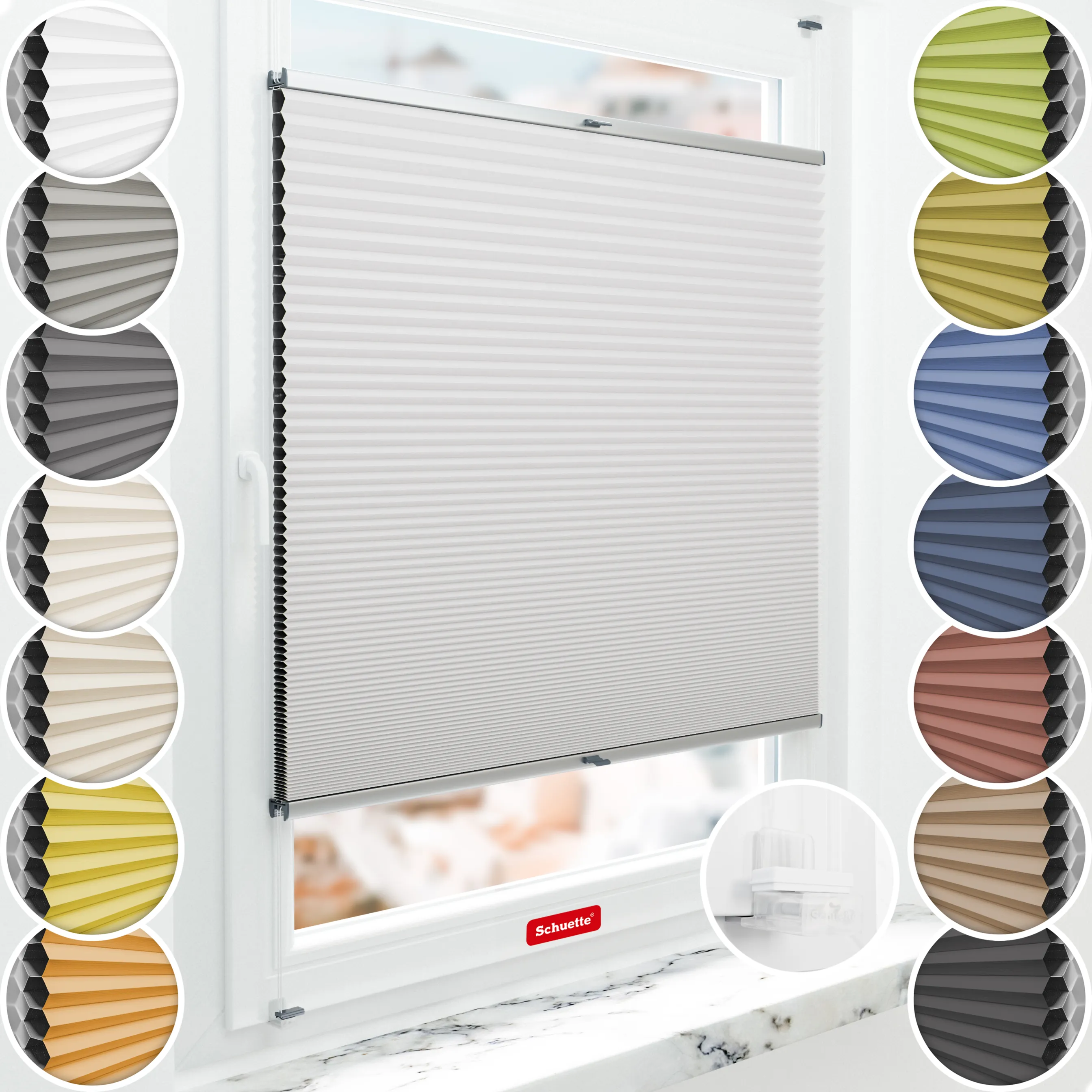Schuette® Wabenplissee ohne Bohren nach Maß • Suprafix Klemmhalter “Incognito X" • Honey Kollektion: Gray-zy in Love (Pastellgrau) • Profilfarbe: Silber