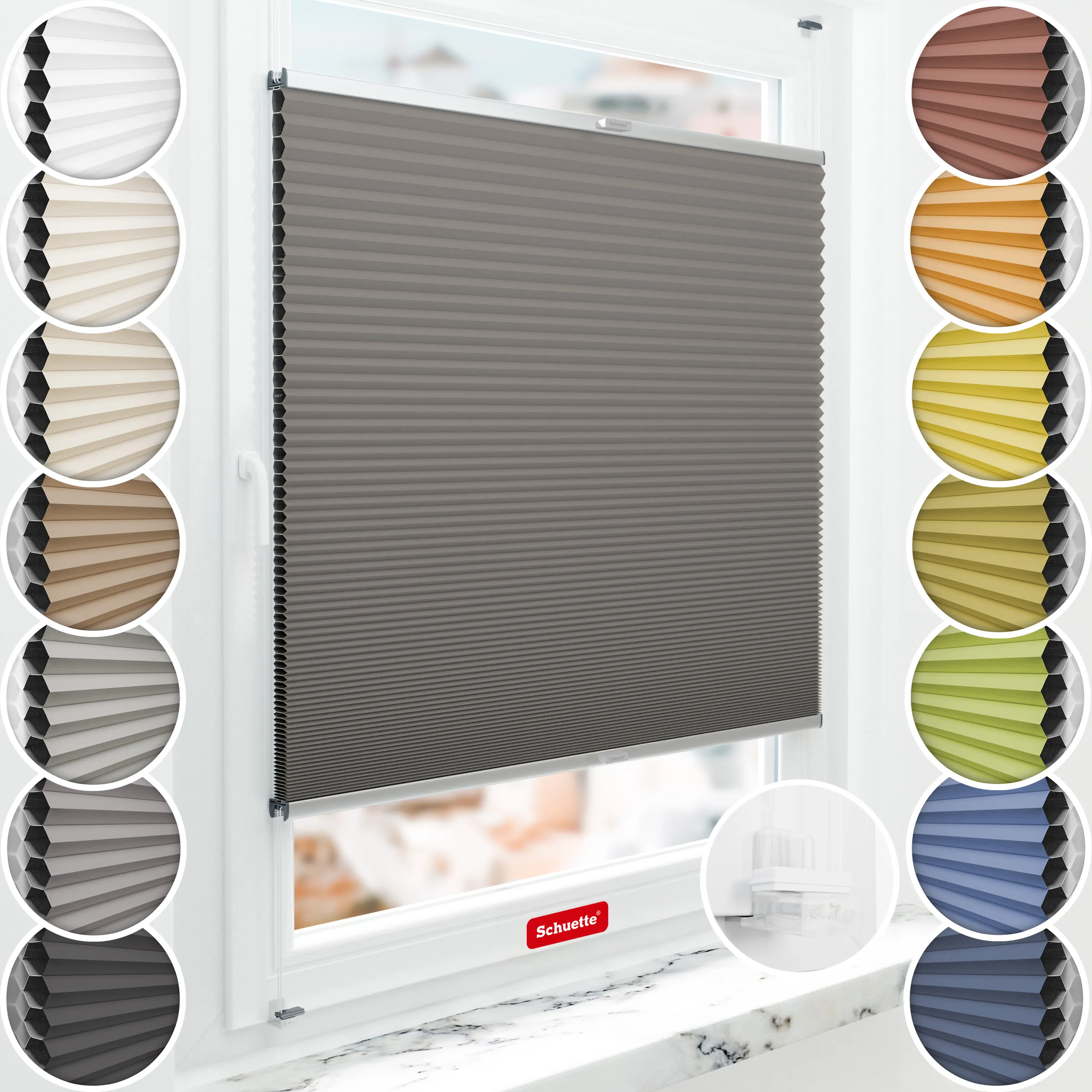 Schuette® Wabenplissee ohne Bohren nach Maß • Suprafix Klemmhalter “Incognito X" • Honey Kollektion: Swiss Chocolate (Taupe) • Profilfarbe: Silber