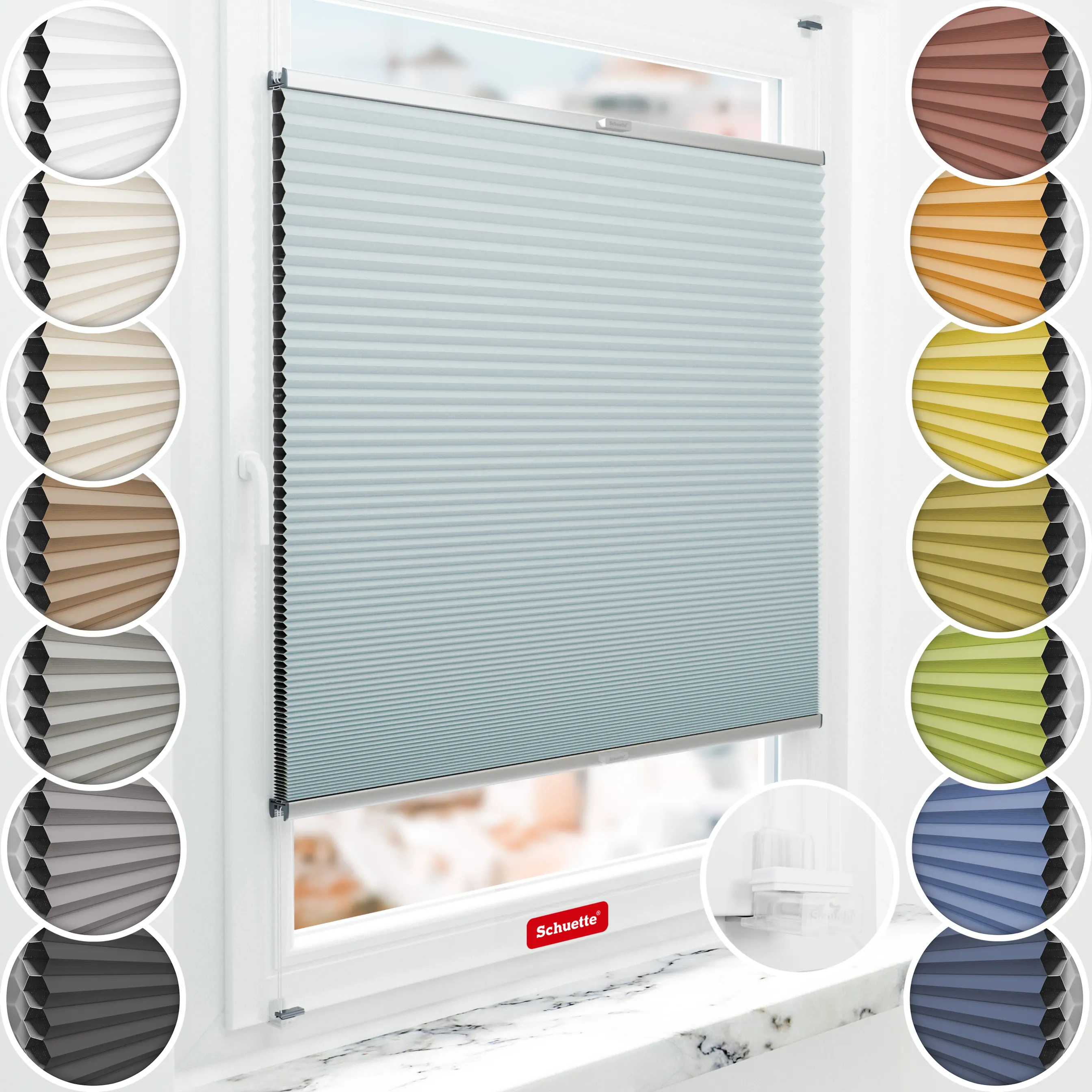Schuette® Wabenplissee ohne Bohren nach Maß • Suprafix Klemmhalter “Incognito X" • Honey Kollektion: Cloud Nine (Pastellblau) • Profilfarbe: Silber