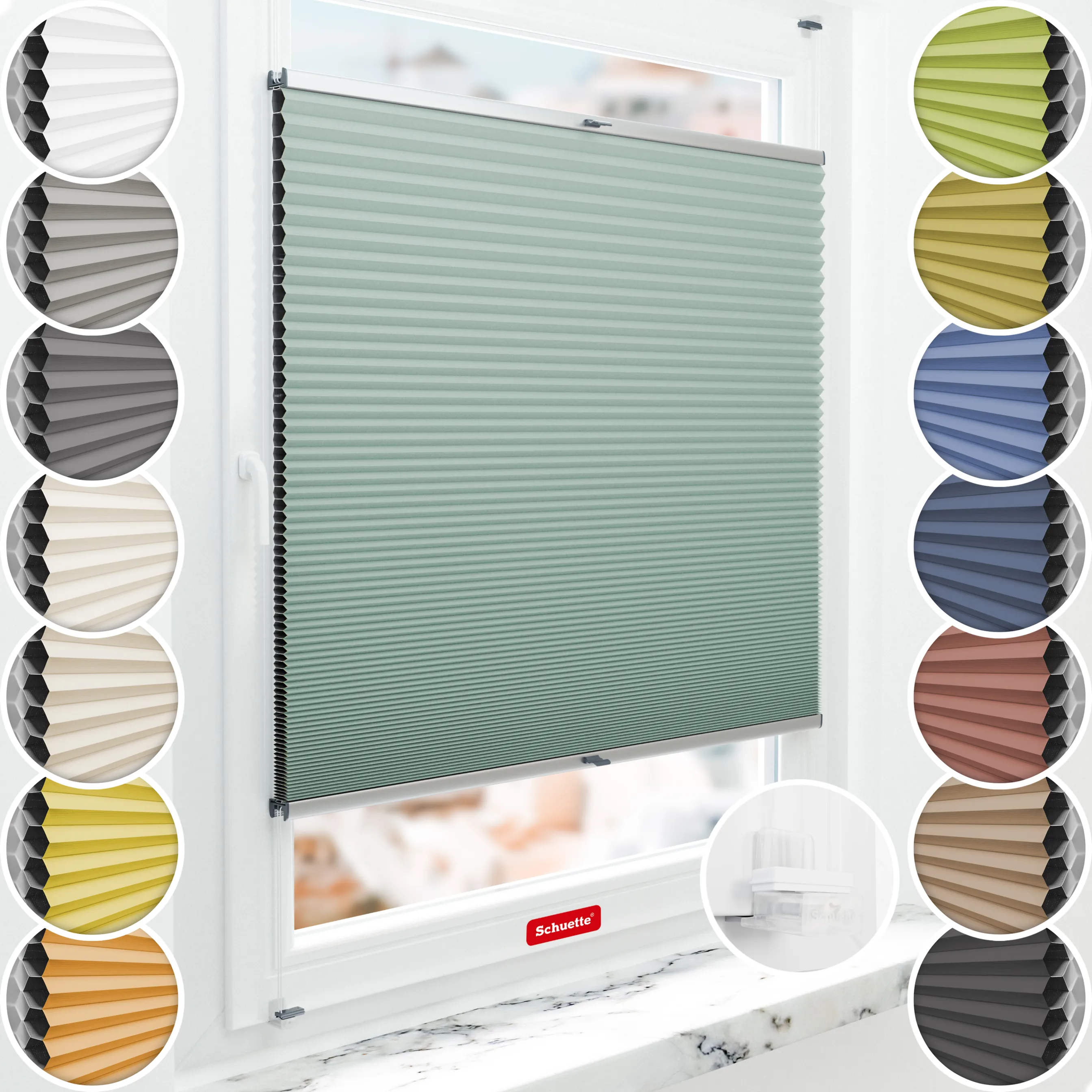 Schuette® Wabenplissee ohne Bohren nach Maß • Suprafix Klemmhalter “Incognito X" • Honey Kollektion: Wicked Emerald (Blassgrün) • Profilfarbe: Silber