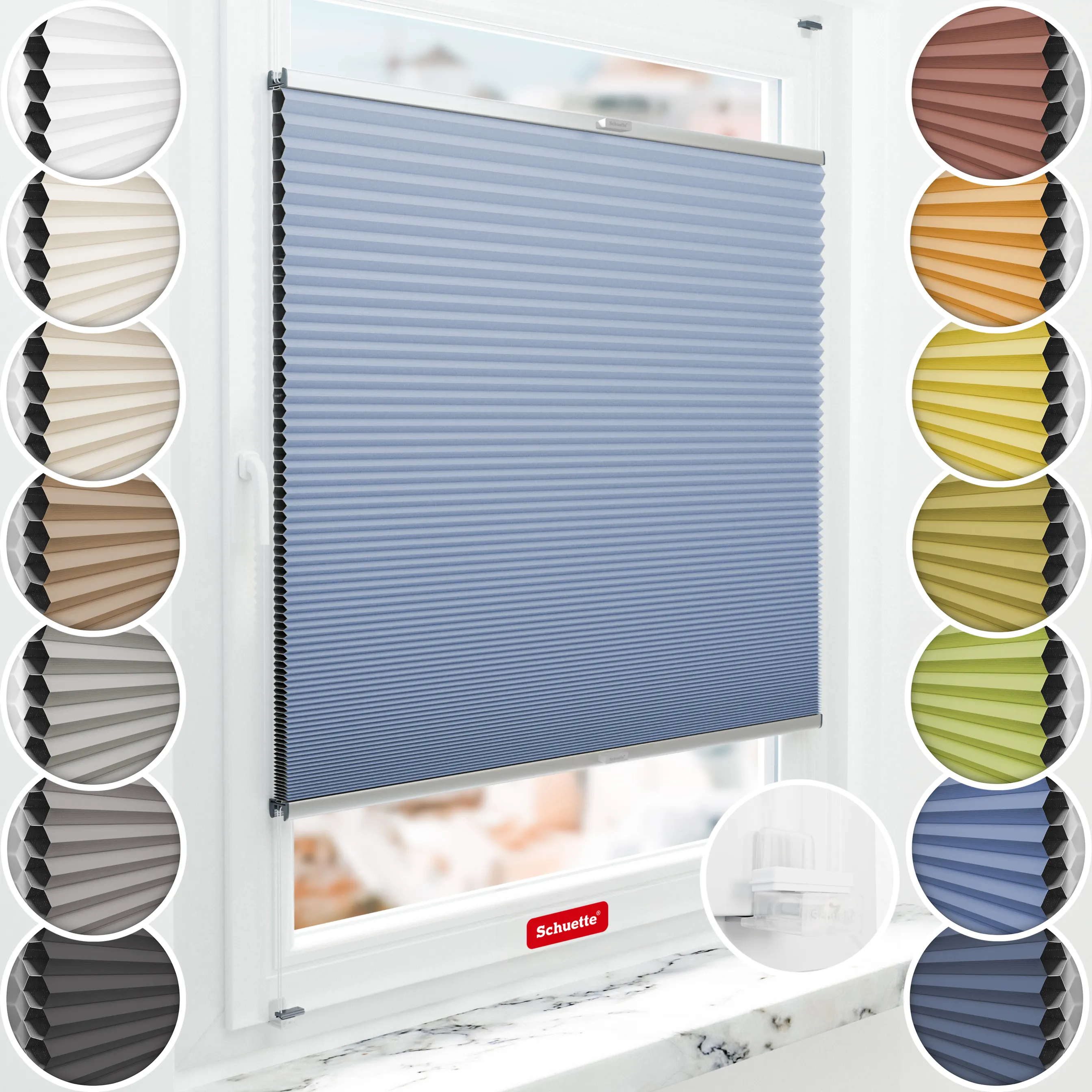 Schuette® Wabenplissee ohne Bohren nach Maß • Suprafix Klemmhalter “Incognito X" • Honey Kollektion: Ocean Drive (Hellblau) • Profilfarbe: Silber