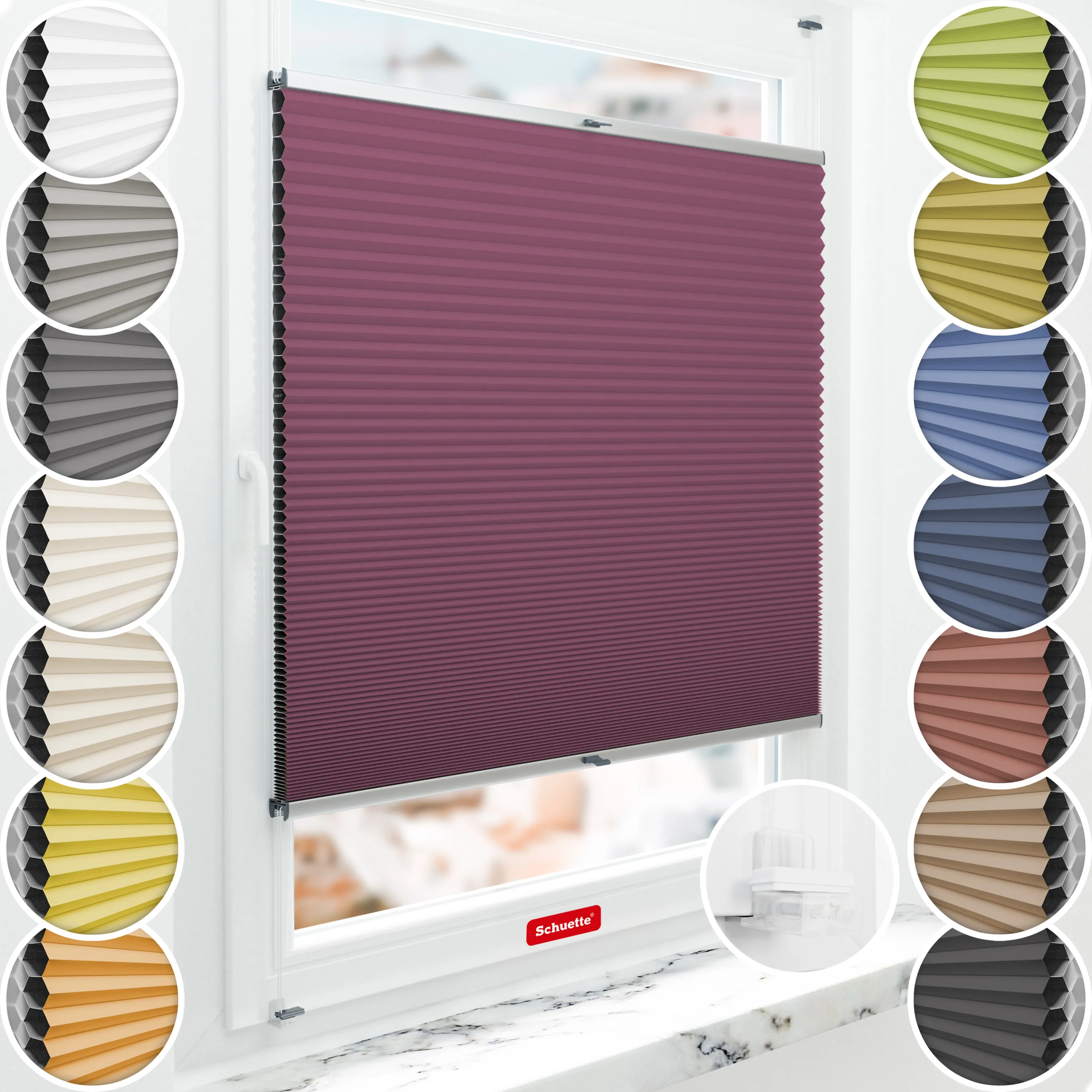 Schuette® Wabenplissee ohne Bohren nach Maß • Suprafix Klemmhalter “Incognito X" • Honey Kollektion: Red Velvet (Purpurrot) • Profilfarbe: Silber