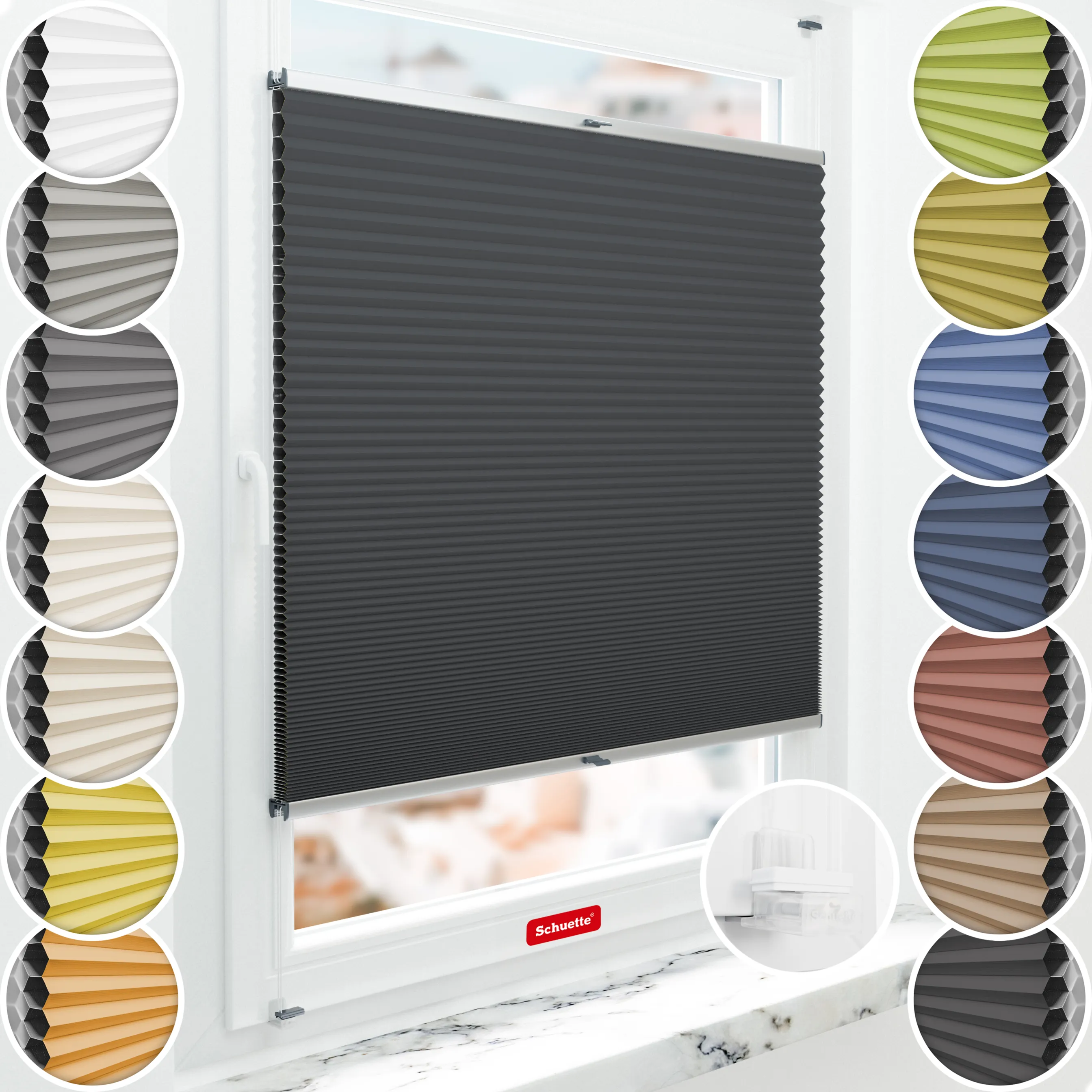 Schuette® Wabenplissee ohne Bohren nach Maß • Suprafix Klemmhalter “Incognito X" • Honey Kollektion: Night Rider (Anthrazit) • Profilfarbe: Silber