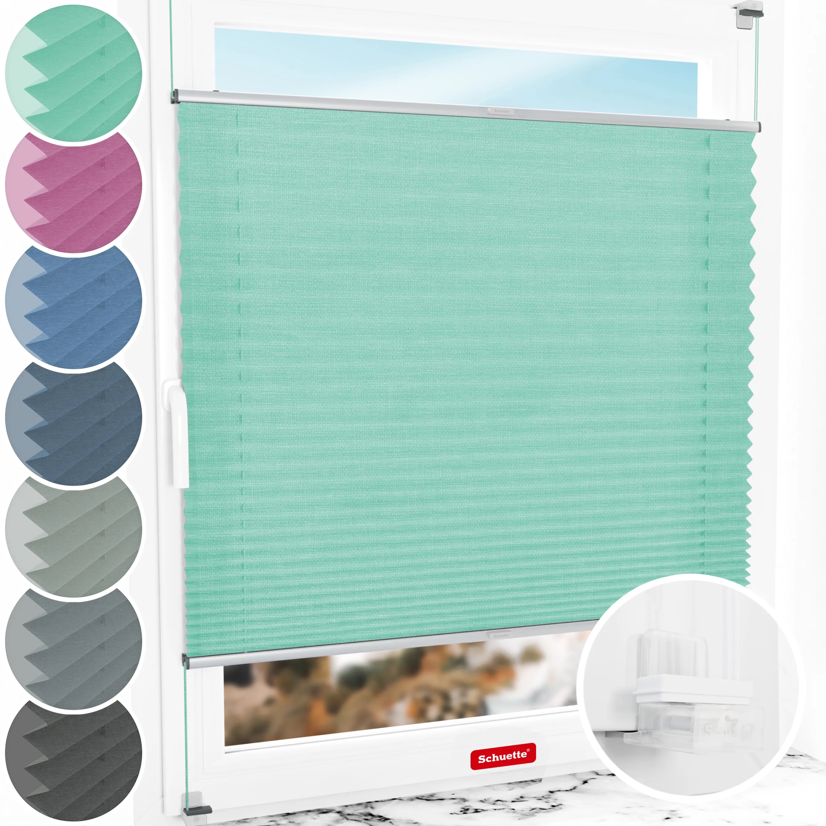 Schuette® Plissee ohne Bohren nach Maß • Suprafix Klemmhalter “Incognito X" • Melange Kollektion: Mint Ice Cream (Grün) • Profilfarbe: Silber