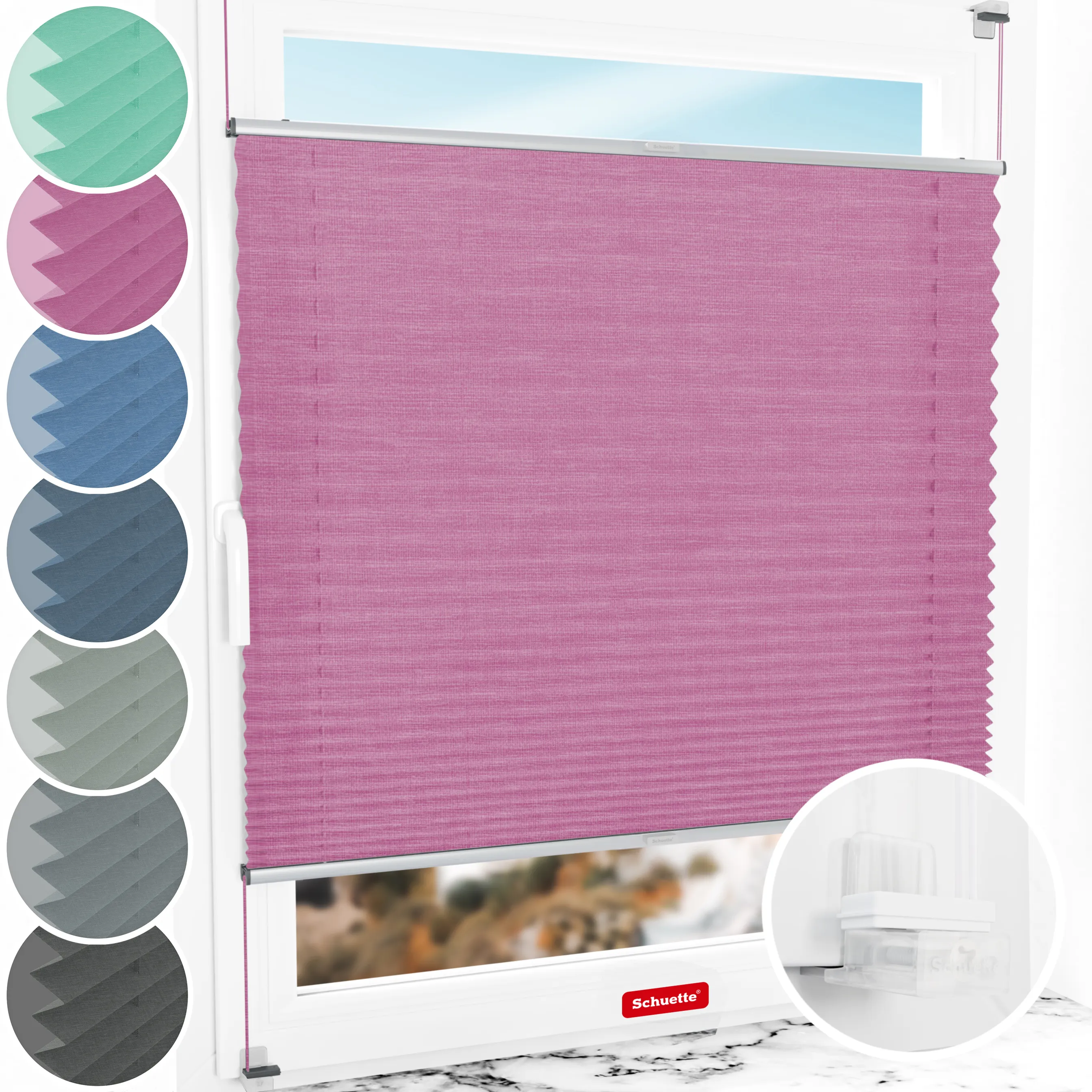 Schuette® Plissee ohne Bohren nach Maß • Suprafix Klemmhalter “Incognito X" • Melange Kollektion: Magic Pink (Rosa) • Profilfarbe: Silber