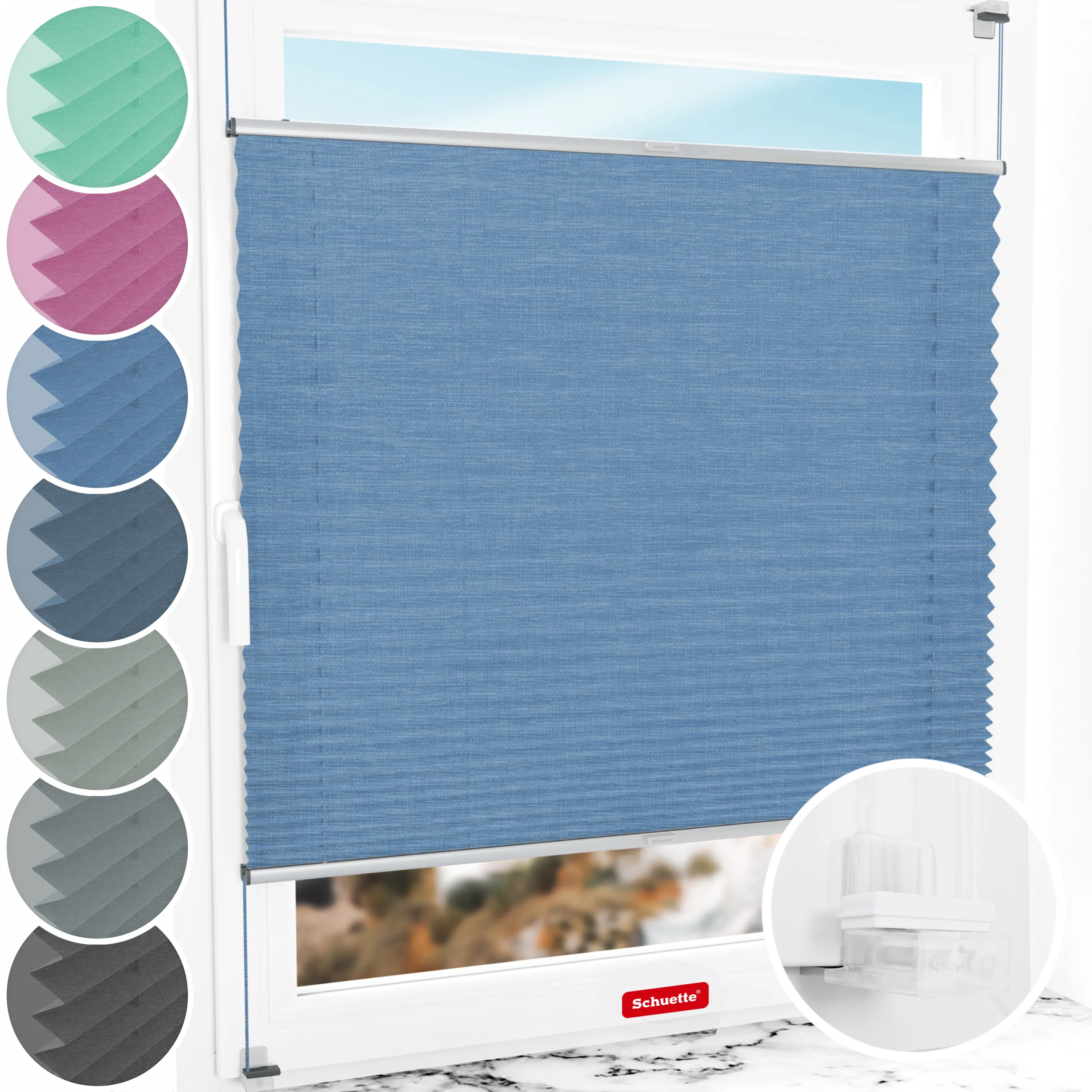 Schuette® Plissee ohne Bohren nach Maß • Suprafix Klemmhalter “Incognito X" • Melange Kollektion: Deep Sea (Blau) • Profilfarbe: Silber