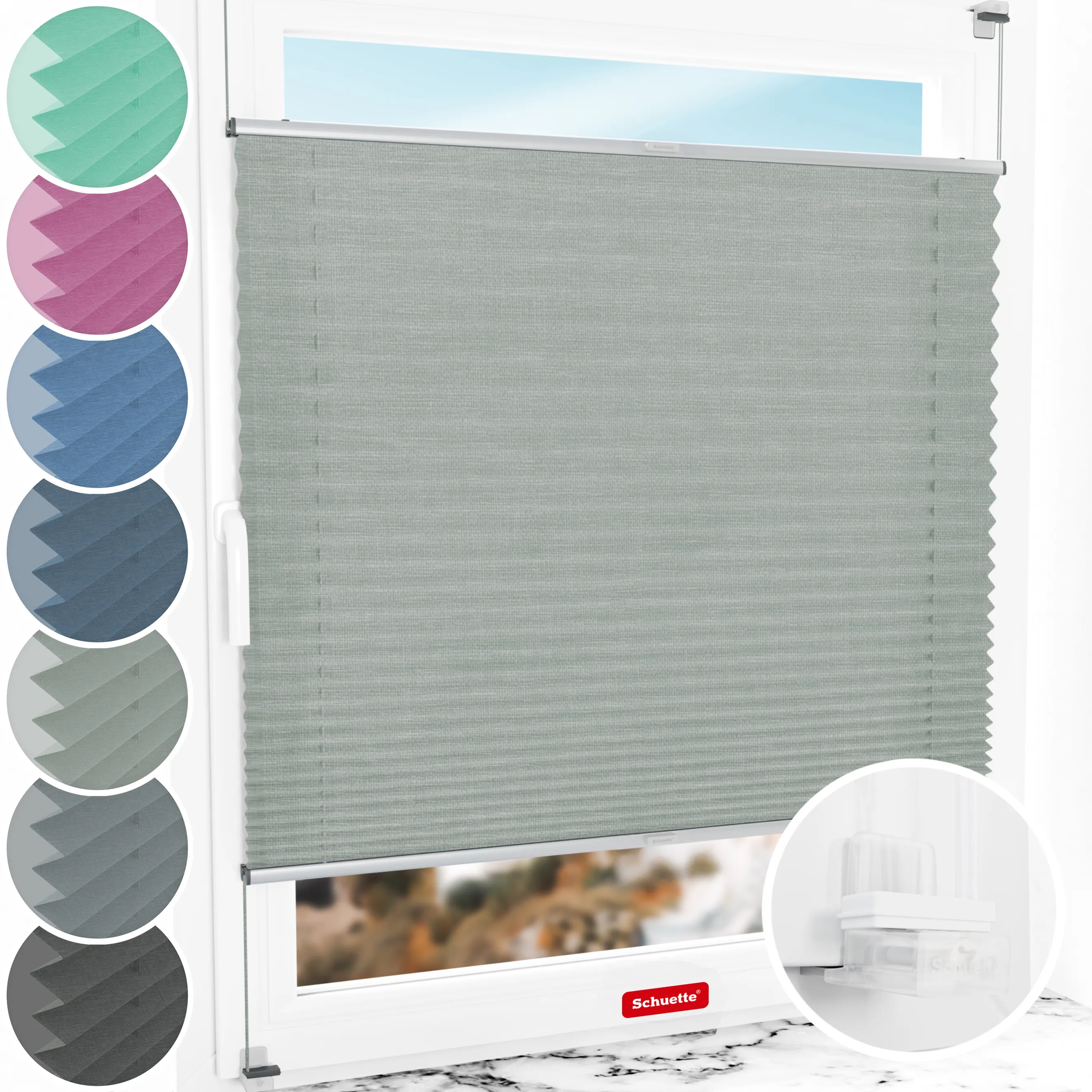 Schuette® Plissee ohne Bohren nach Maß • Suprafix Klemmhalter “Incognito X" • Melange Kollektion: On The Road (Grau) • Profilfarbe: Silber