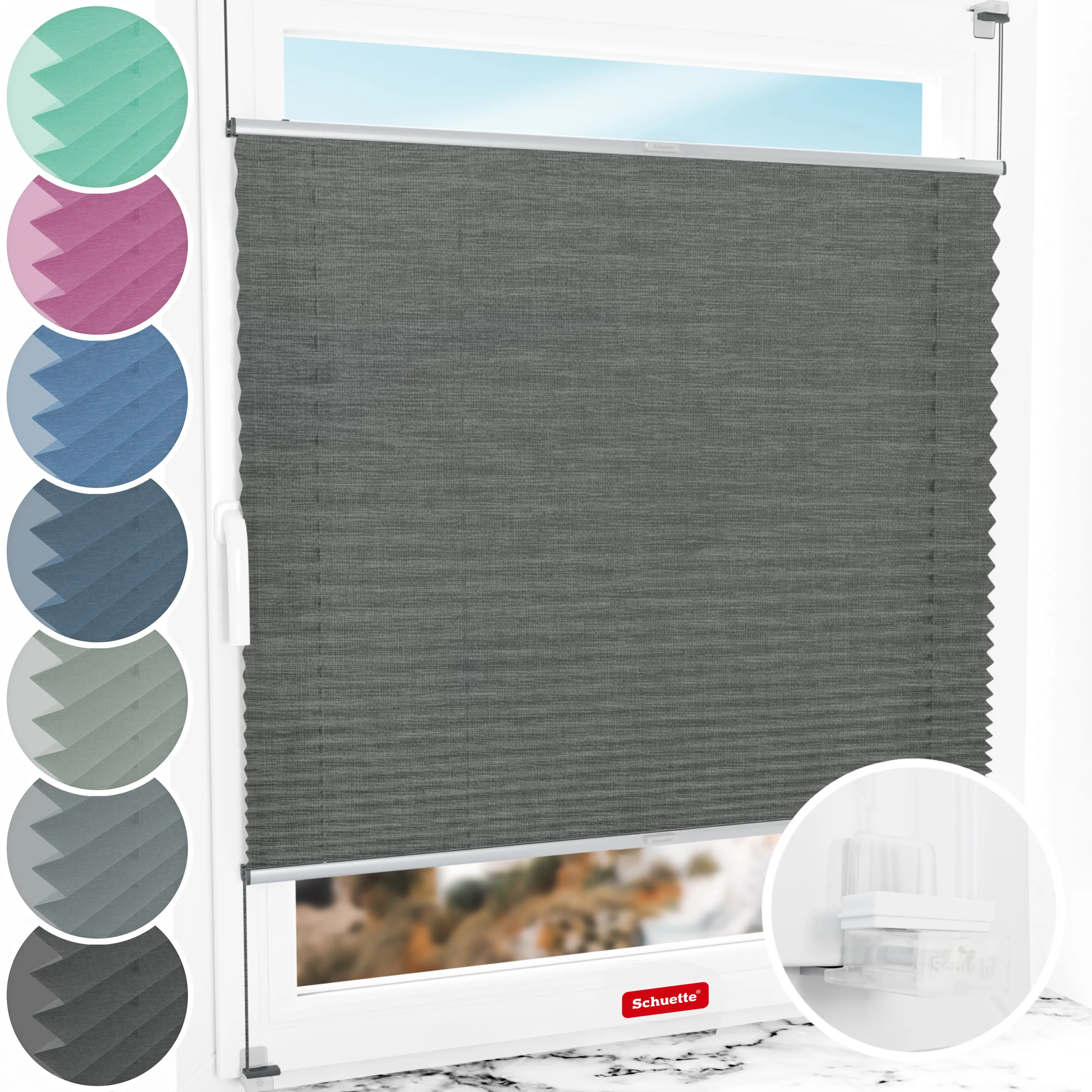 Schuette® Plissee ohne Bohren nach Maß • Suprafix Klemmhalter “Incognito X" • Melange Kollektion: Black Pearl (Schwarz) • Profilfarbe: Silber