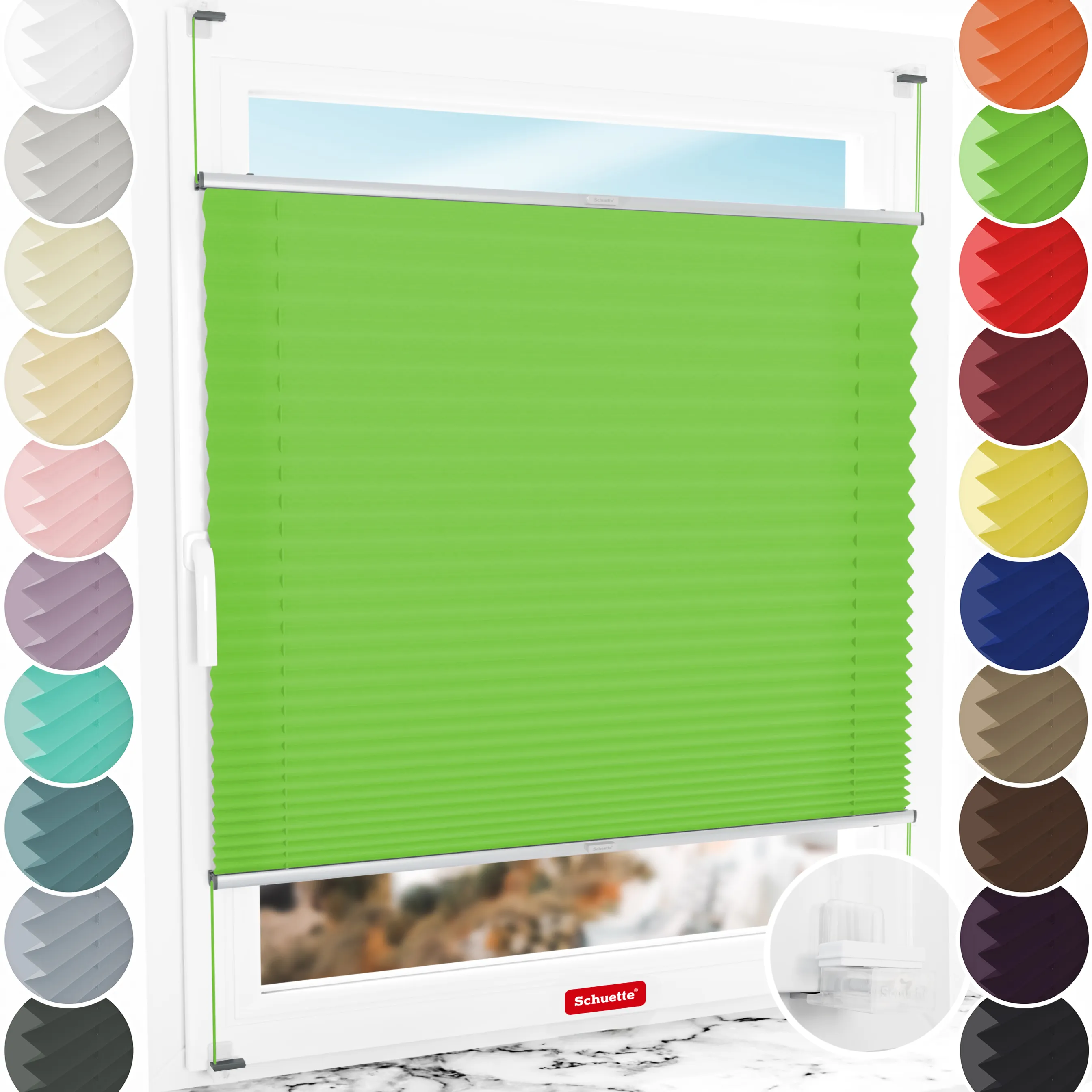 Schuette® Plissee ohne Bohren nach Maß • Suprafix Klemmhalter “Incognito X" • Premium Kollektion: Green Meadow (Grün) • Profilfarbe: Silber