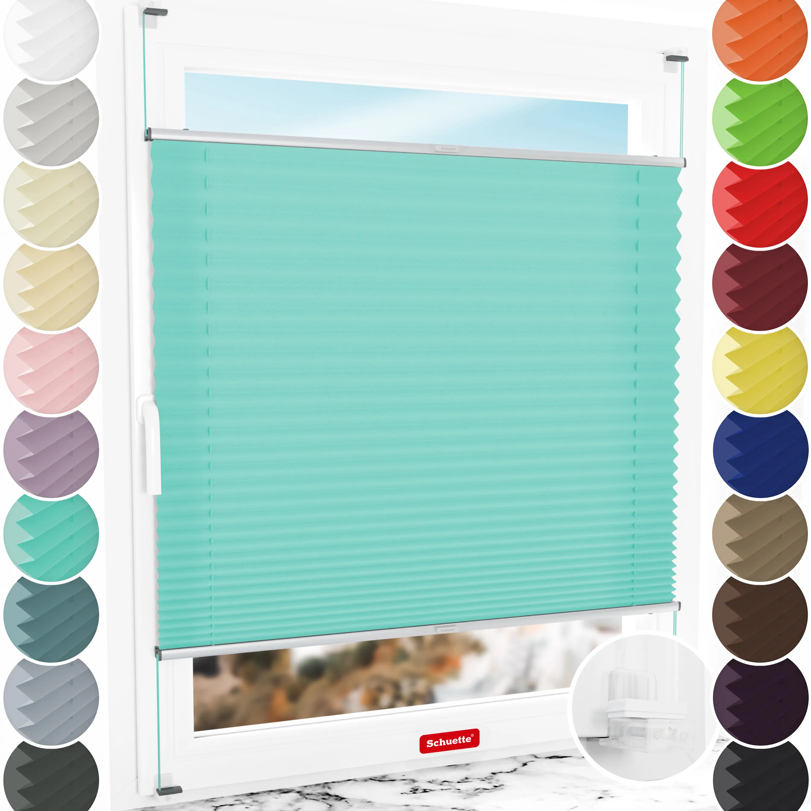 Schuette® Plissee ohne Bohren nach Maß • Suprafix Klemmhalter “Incognito X" • Premium Kollektion: Blue Ocean (Türkis) • Profilfarbe: Silber