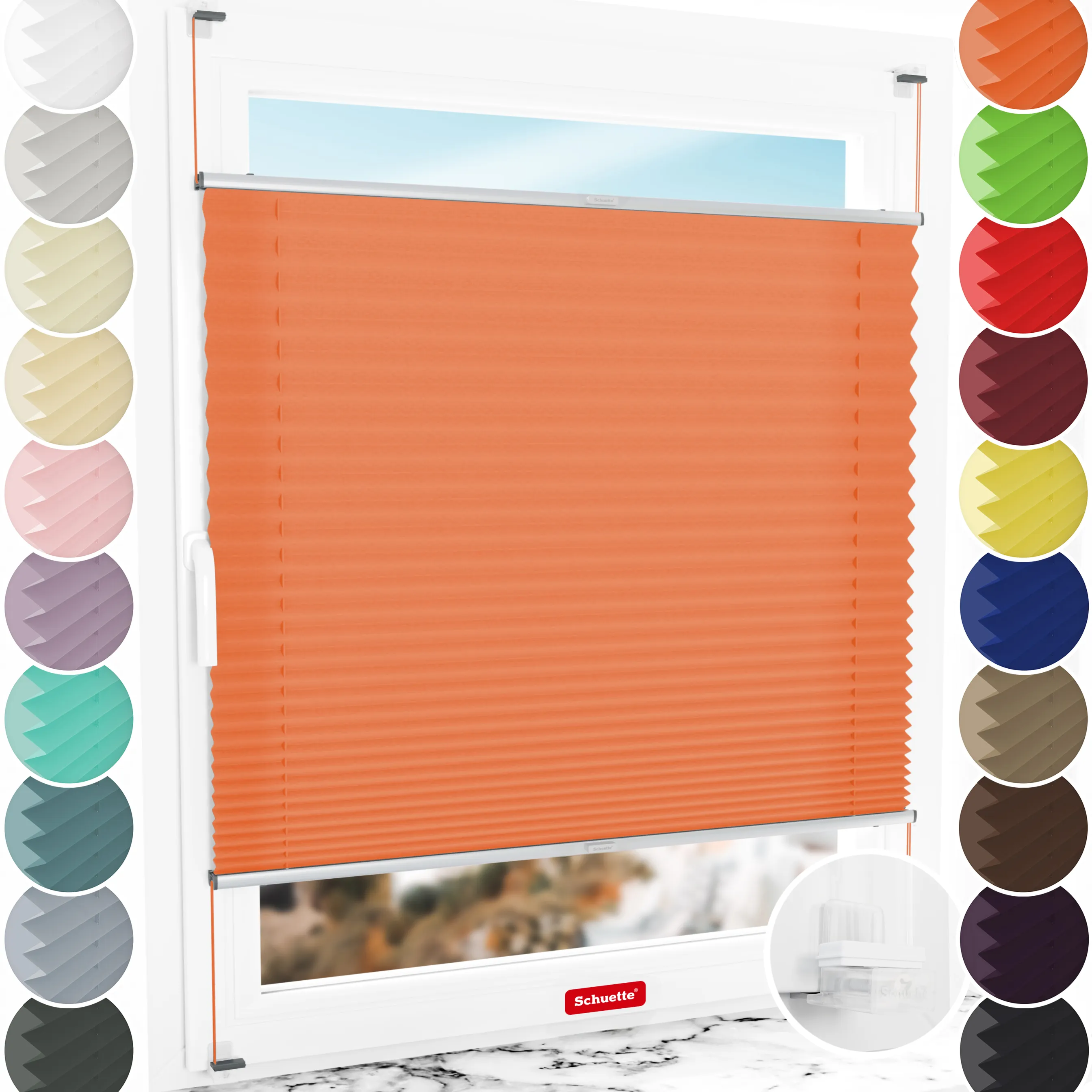 Schuette® Plissee ohne Bohren nach Maß • Suprafix Klemmhalter “Incognito X" • Premium Kollektion: Sunset (Orange) • Profilfarbe: Silber
