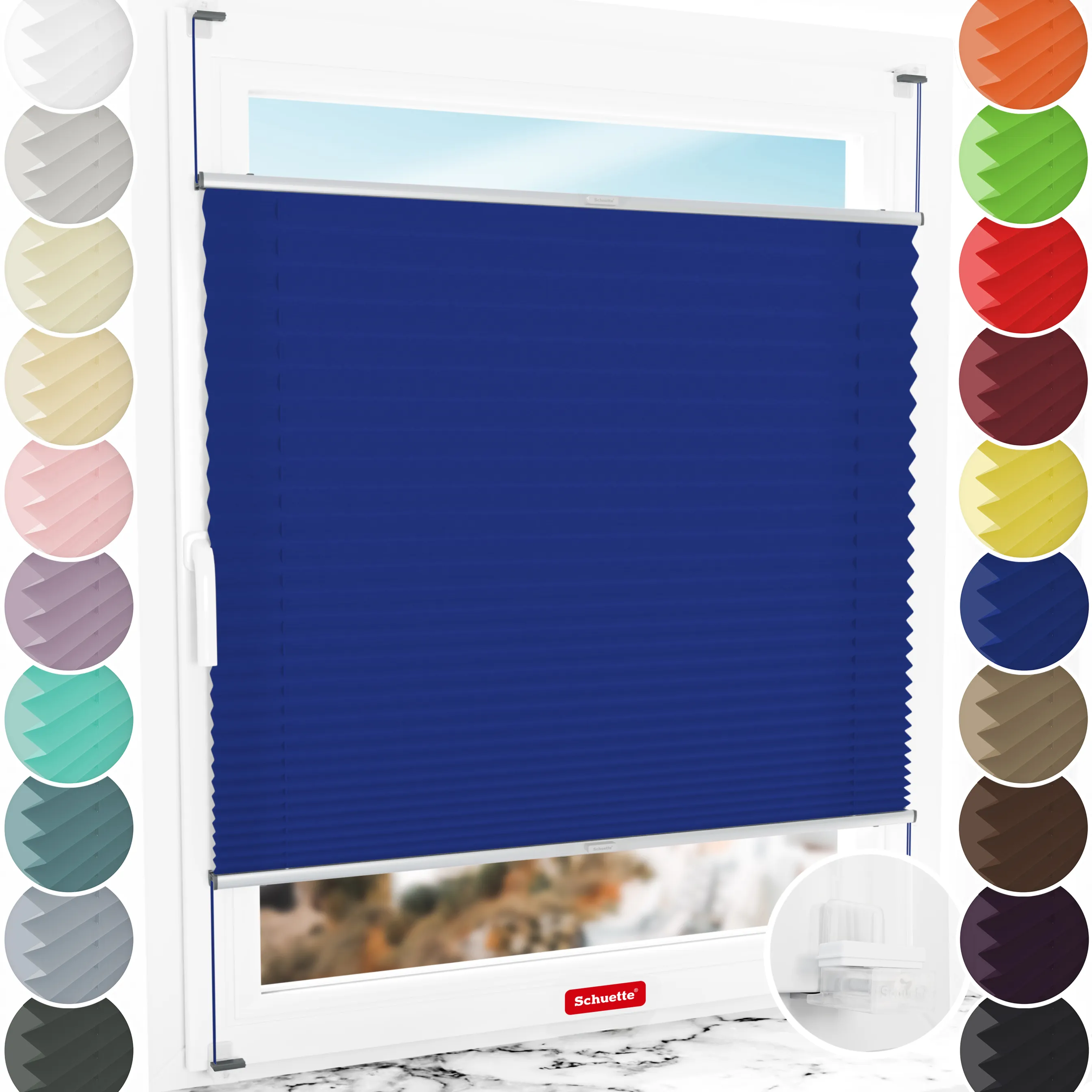 Schuette® Plissee ohne Bohren nach Maß • Suprafix Klemmhalter “Incognito X" • Premium Kollektion: Deep Lagoon (Blau) • Profilfarbe: Silber