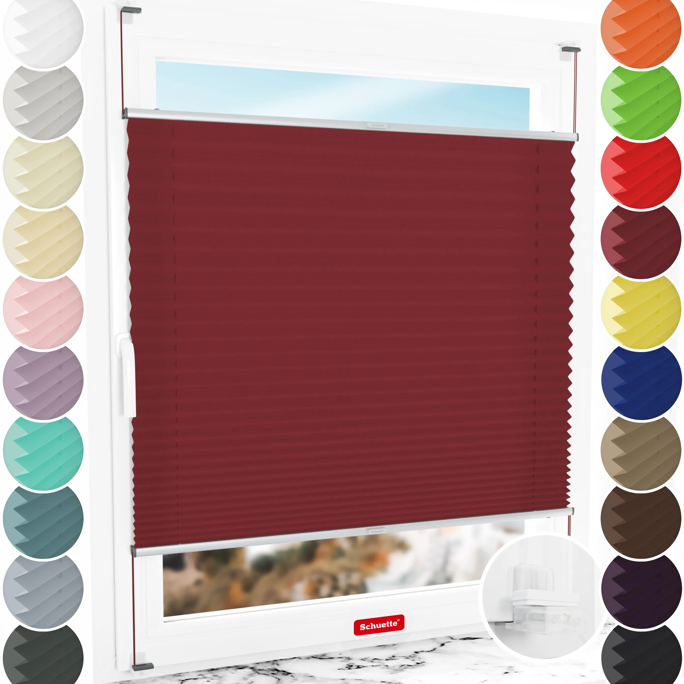 Schuette® Plissee ohne Bohren nach Maß • Suprafix Klemmhalter “Incognito X" • Premium Kollektion: Ruby Riddle (Dunkelrot) • Profilfarbe: Silber