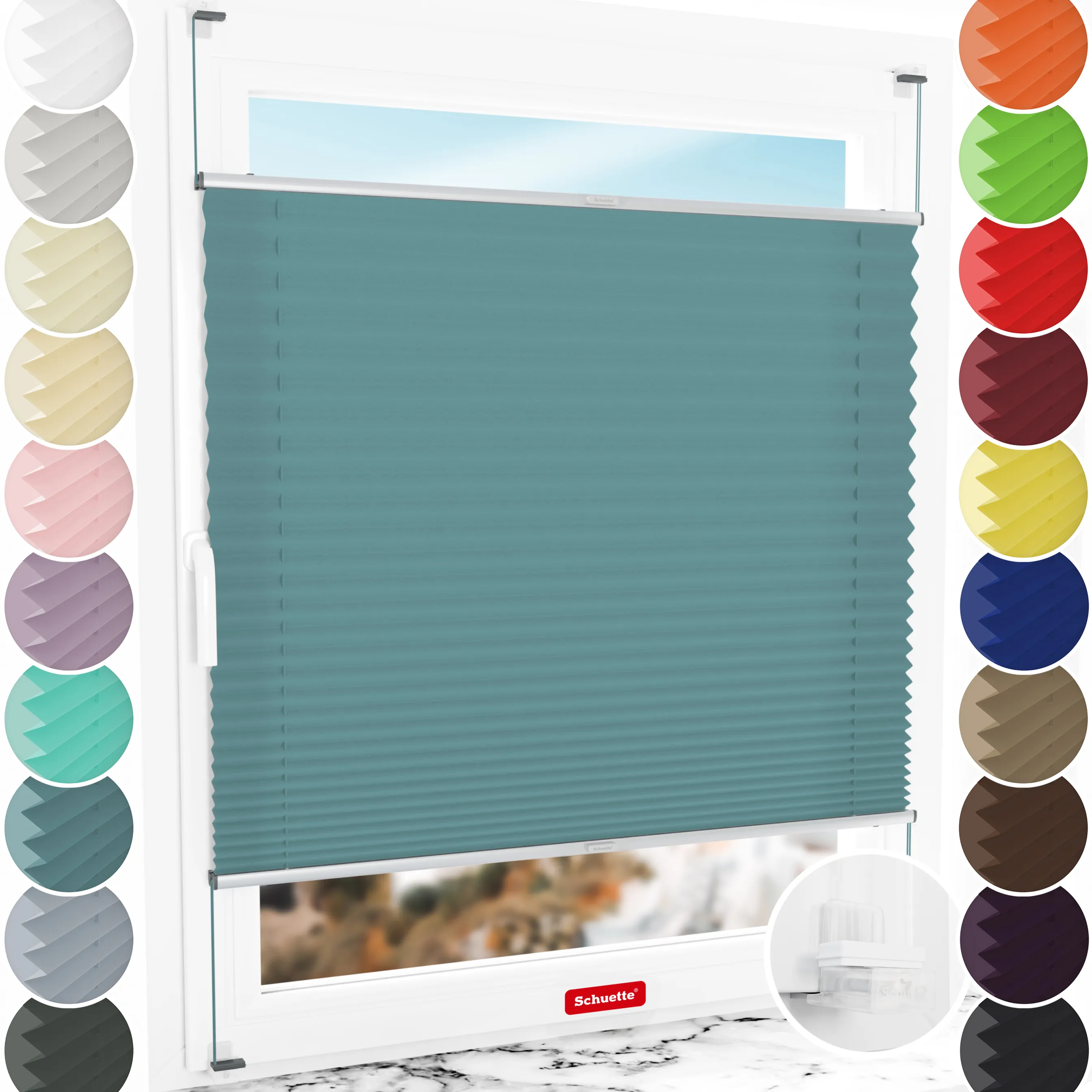 Schuette® Plissee ohne Bohren nach Maß • Suprafix Klemmhalter “Incognito X" • Premium Kollektion: Cove Calm (Taubenblau) • Profilfarbe: Silber