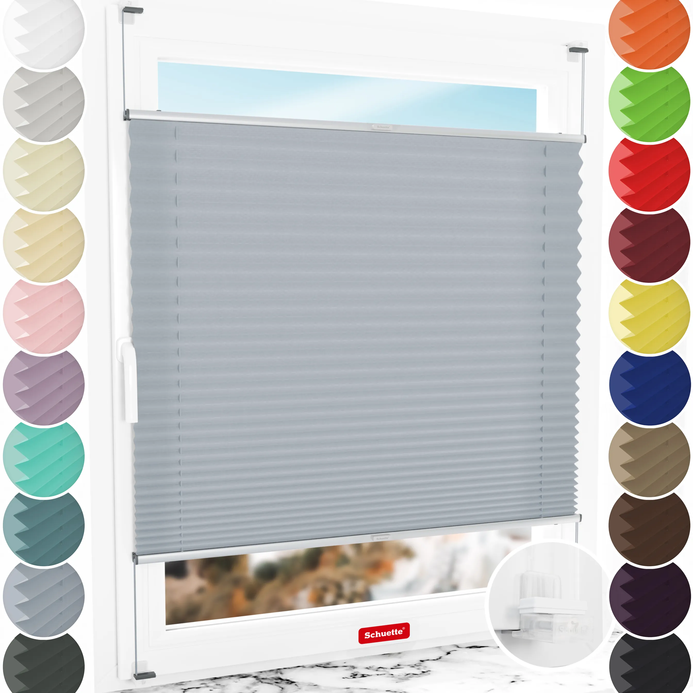 Schuette® Plissee ohne Bohren nach Maß • Suprafix Klemmhalter “Incognito X" • Premium Kollektion: Silver Sonata (Grau) • Profilfarbe: Silber