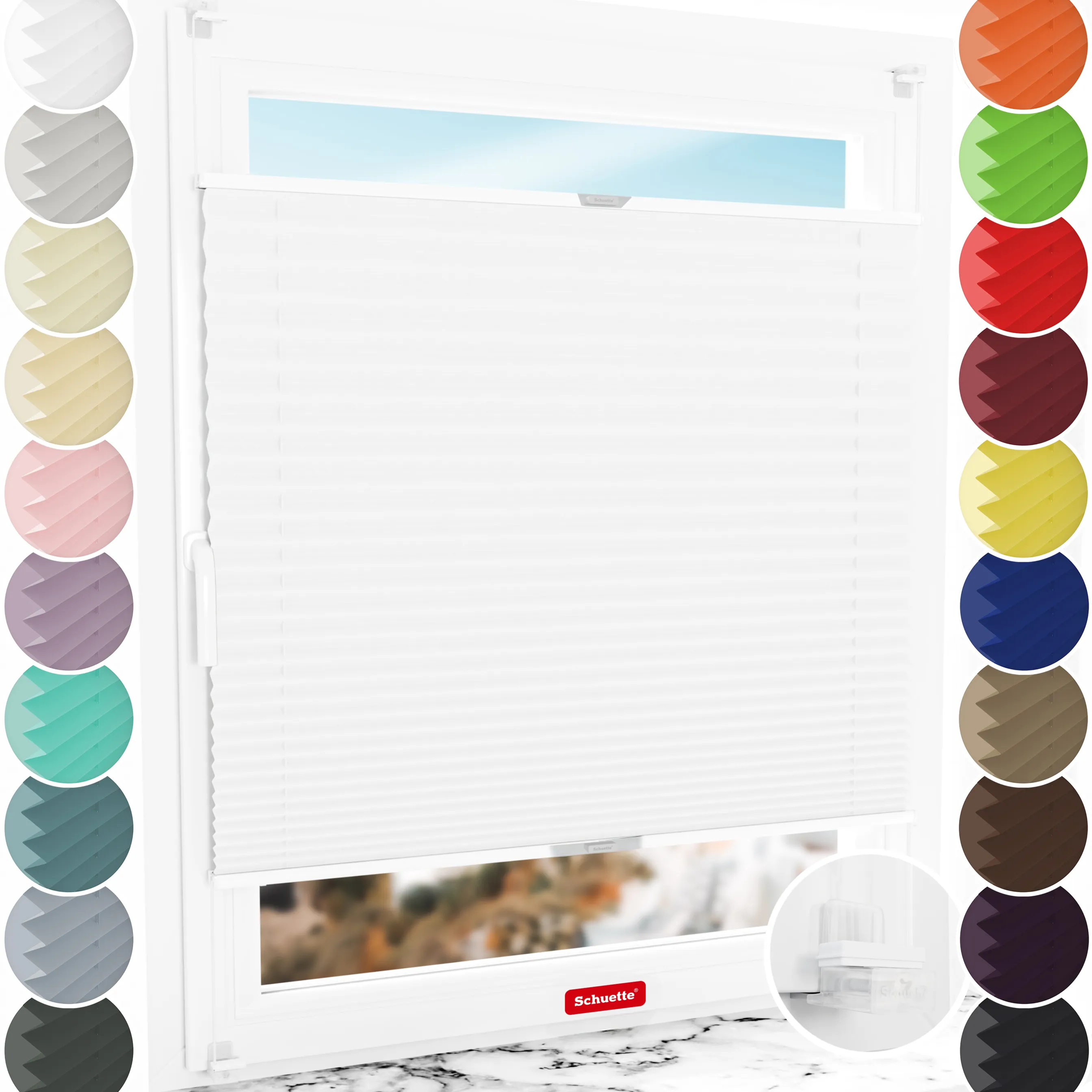 Schuette® Plissee ohne Bohren nach Maß • Suprafix Klemmhalter “Incognito X" • Thermo Kollektion: White Day (Weiß) • Profilfarbe: Silber