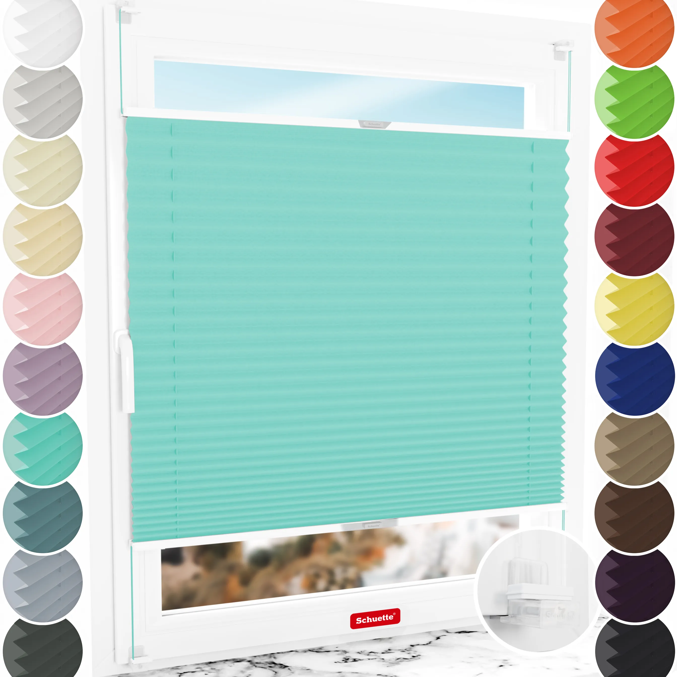 Schuette® Plissee ohne Bohren nach Maß • Suprafix Klemmhalter “Incognito X" • Thermo Kollektion: Tide Tune (Türkis) • Profilfarbe: Silber