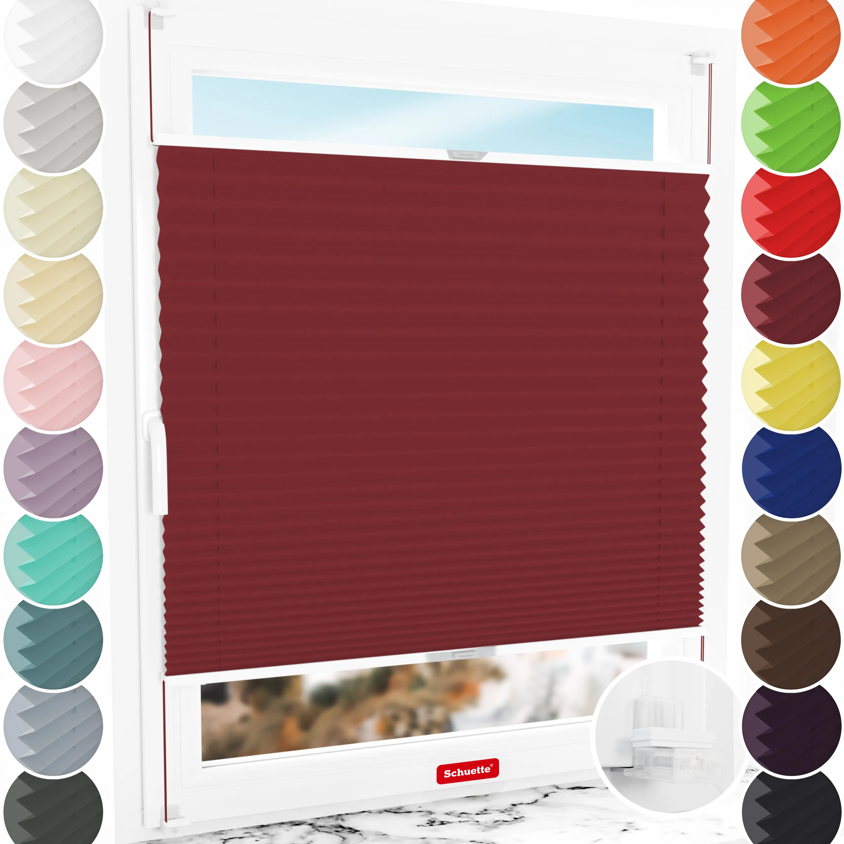 Schuette® Plissee ohne Bohren nach Maß • Suprafix Klemmhalter “Incognito X" • Thermo Kollektion: Scarlet Wine (Rot) • Profilfarbe: Silber