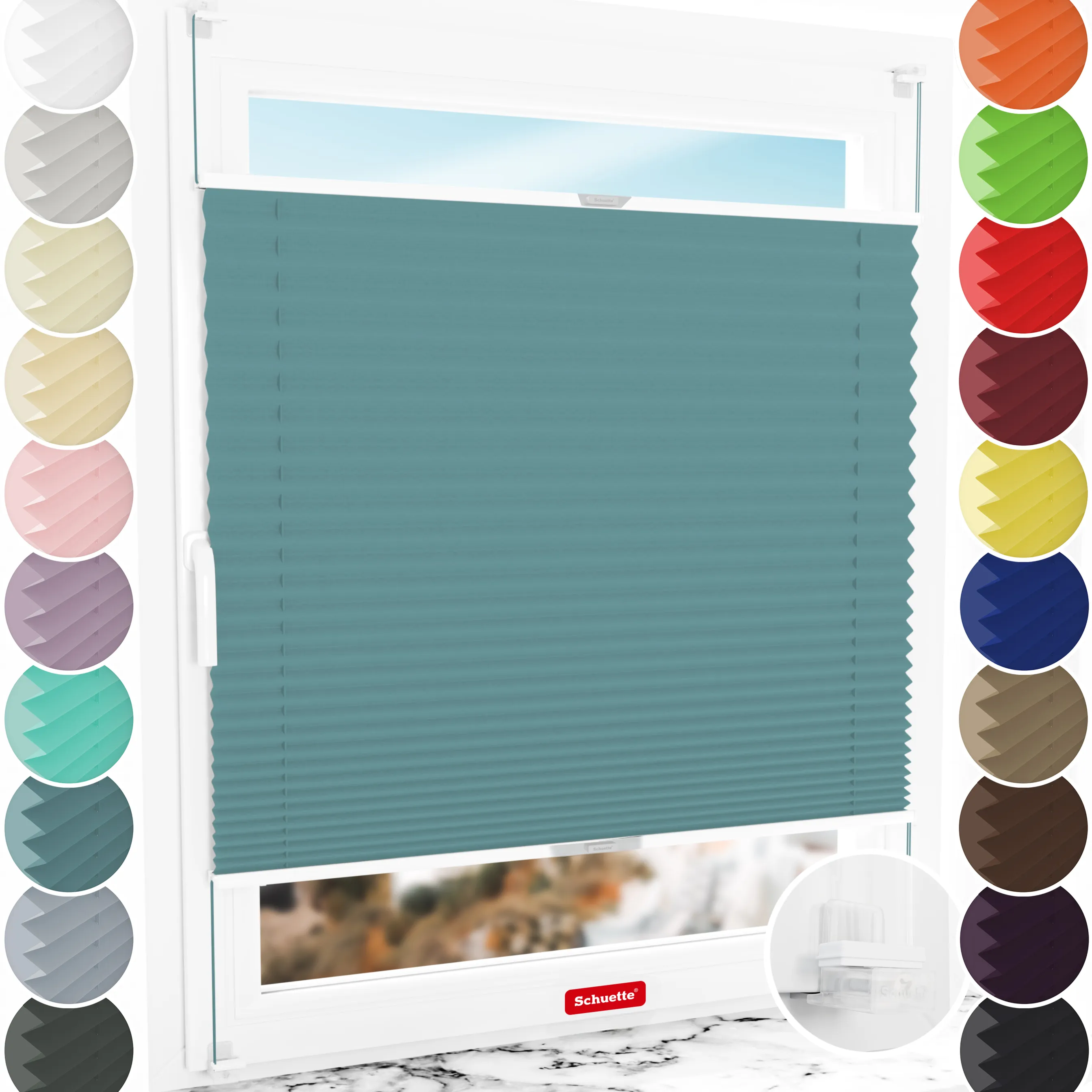 Schuette® Plissee ohne Bohren nach Maß • Suprafix Klemmhalter “Incognito X" • Thermo Kollektion: Teal Aura (Türkis) • Profilfarbe: Silber