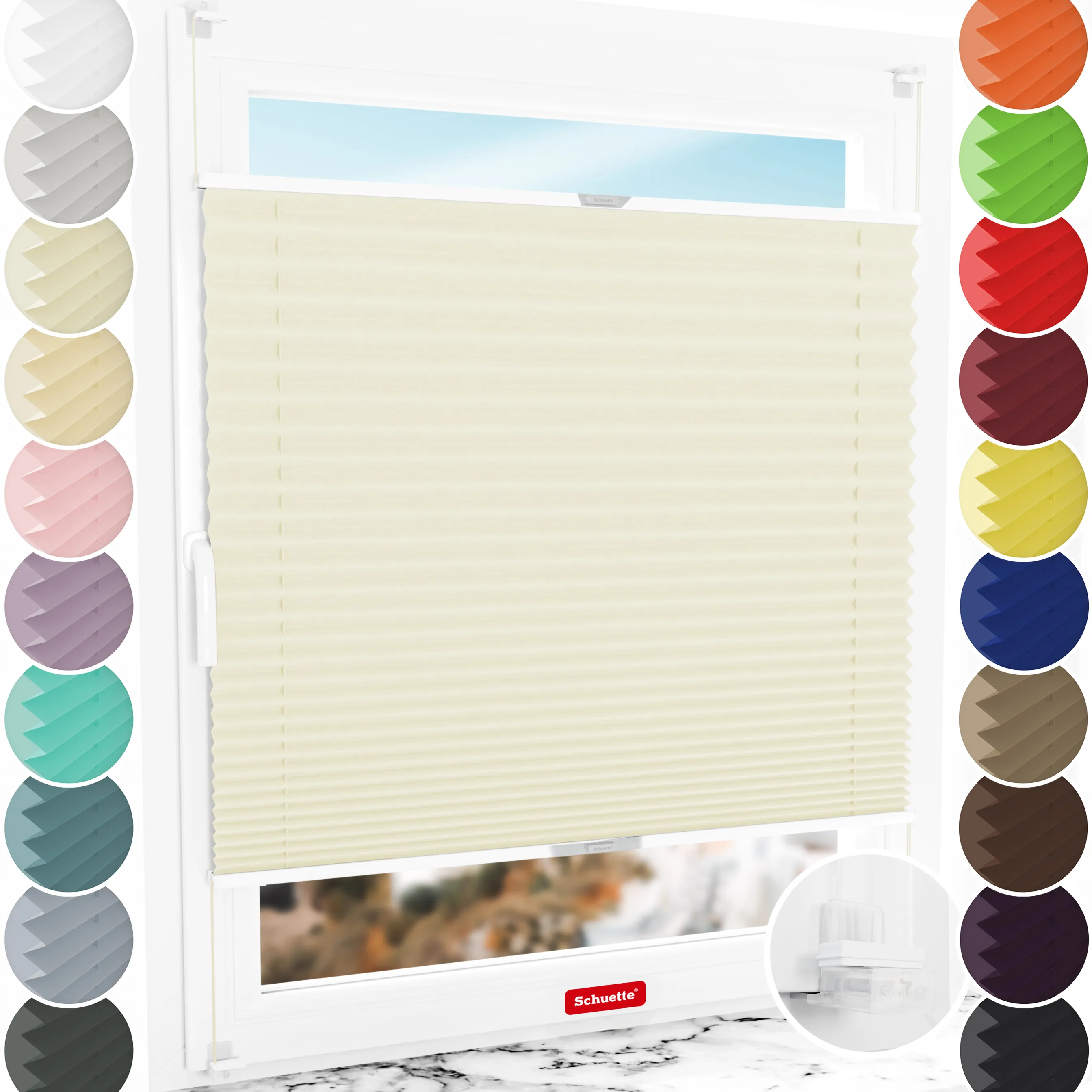 Schuette® Plissee ohne Bohren nach Maß • Suprafix Klemmhalter “Incognito X" • Thermo Kollektion: Sandstone (Beige) • Profilfarbe: Silber