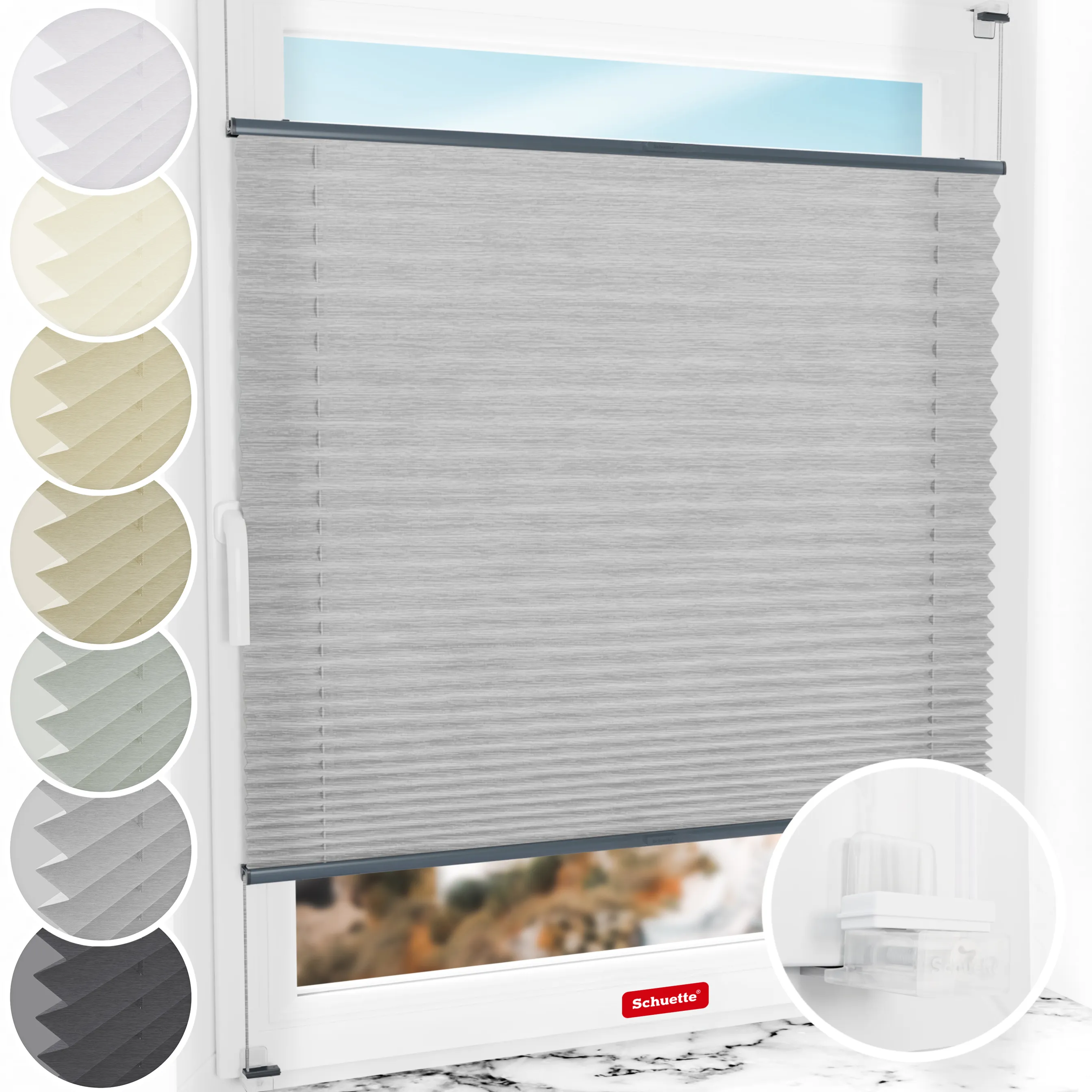 Schuette® Plissee ohne Bohren nach Maß • Suprafix Klemmhalter “Incognito X" • Dolomite Kollektion: Storm Gray (Grau) • Profilfarbe: Anthrazit