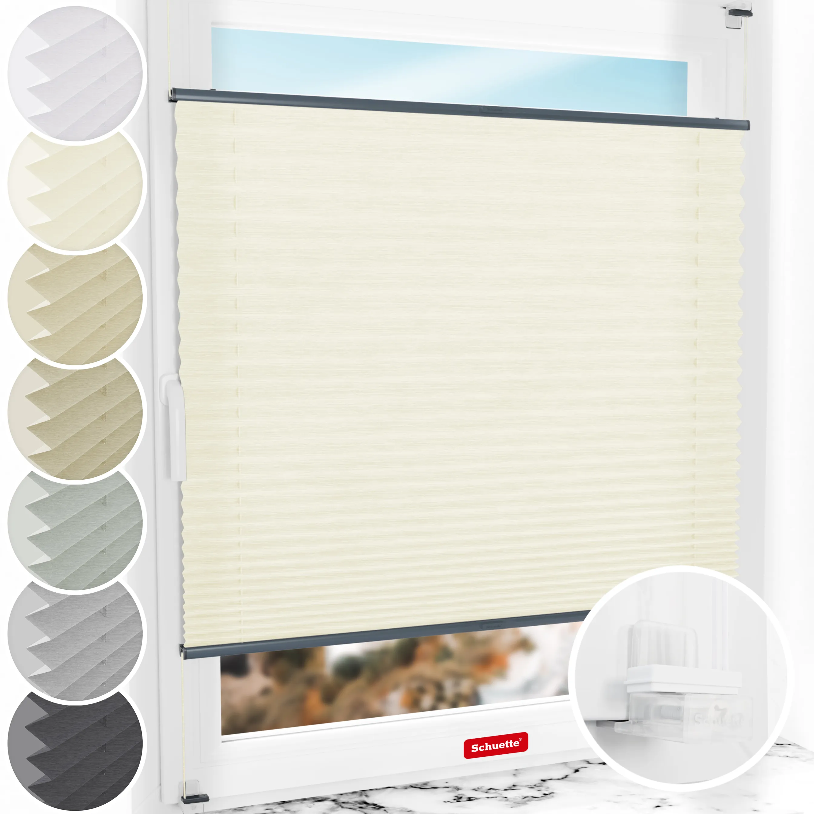 Schuette® Plissee ohne Bohren nach Maß • Suprafix Klemmhalter “Incognito X" • Dolomite Kollektion: Vanilla Sky (Beige) • Profilfarbe: Anthrazit