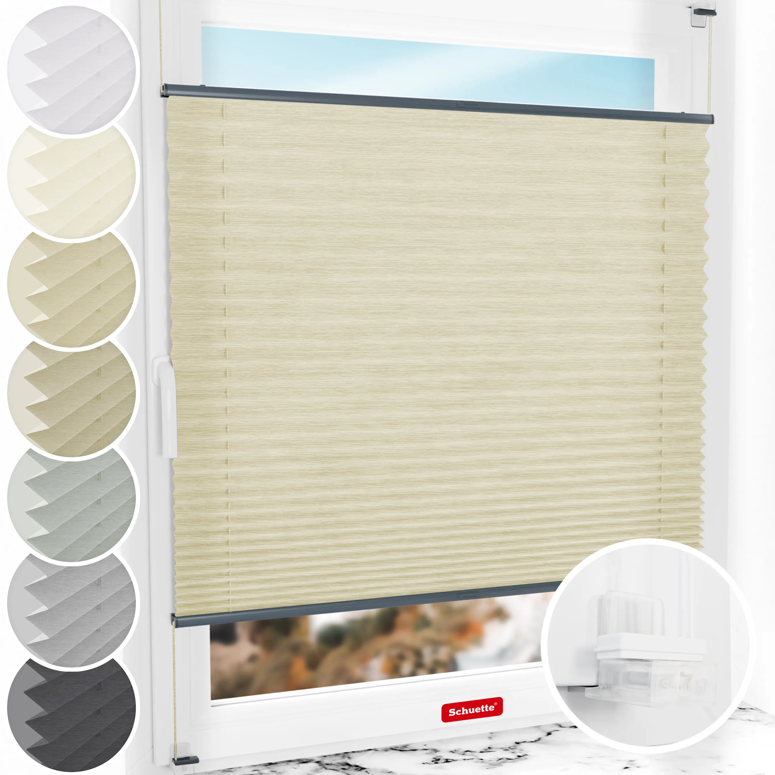 Schuette® Plissee ohne Bohren nach Maß • Suprafix Klemmhalter “Incognito X" • Dolomite Kollektion: Wet Stand (Beige) • Profilfarbe: Anthrazit