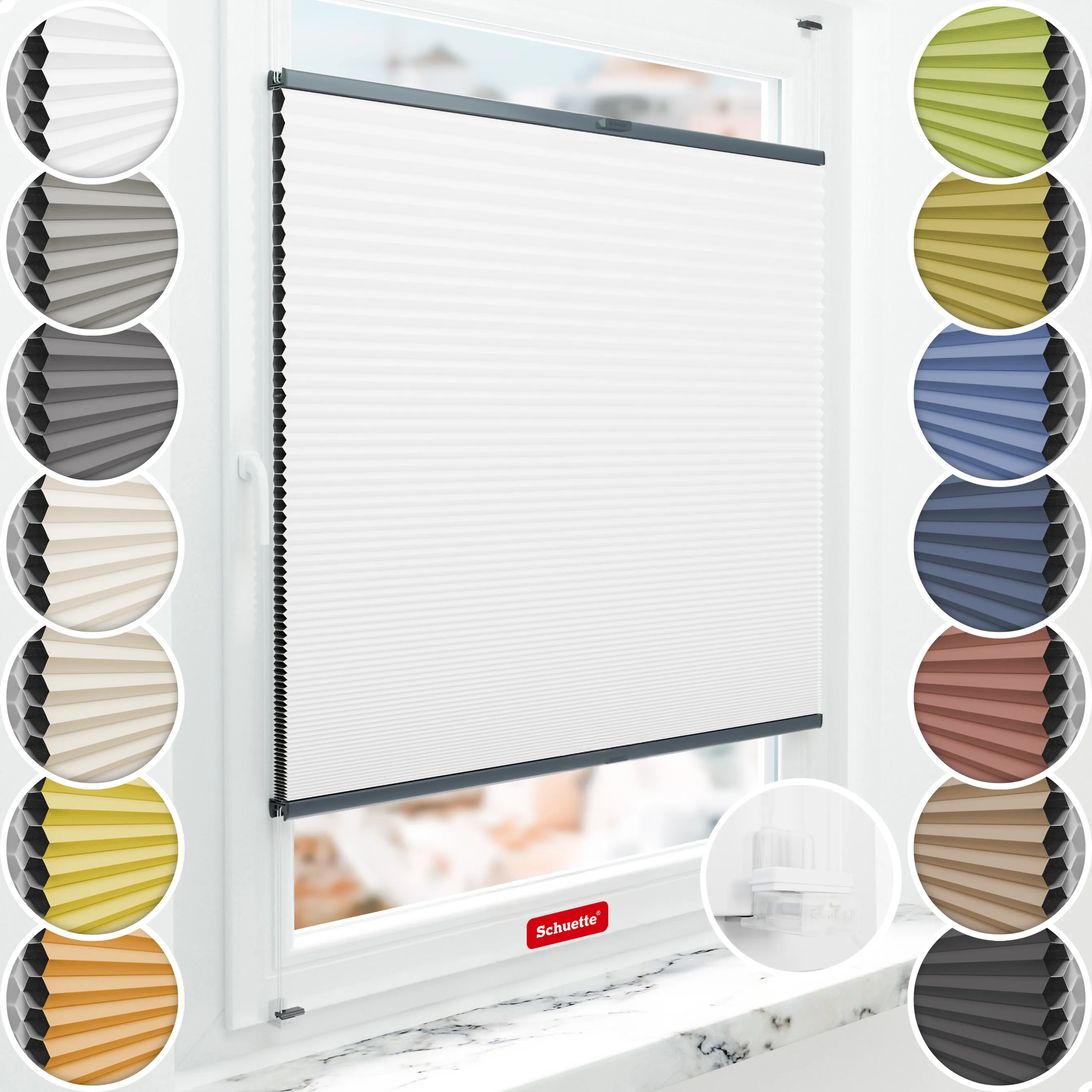 Schuette® Wabenplissee ohne Bohren nach Maß • Suprafix Klemmhalter “Incognito X" • Honey Kollektion: Moonlight (Weiß) • Profilfarbe: Anthrazit