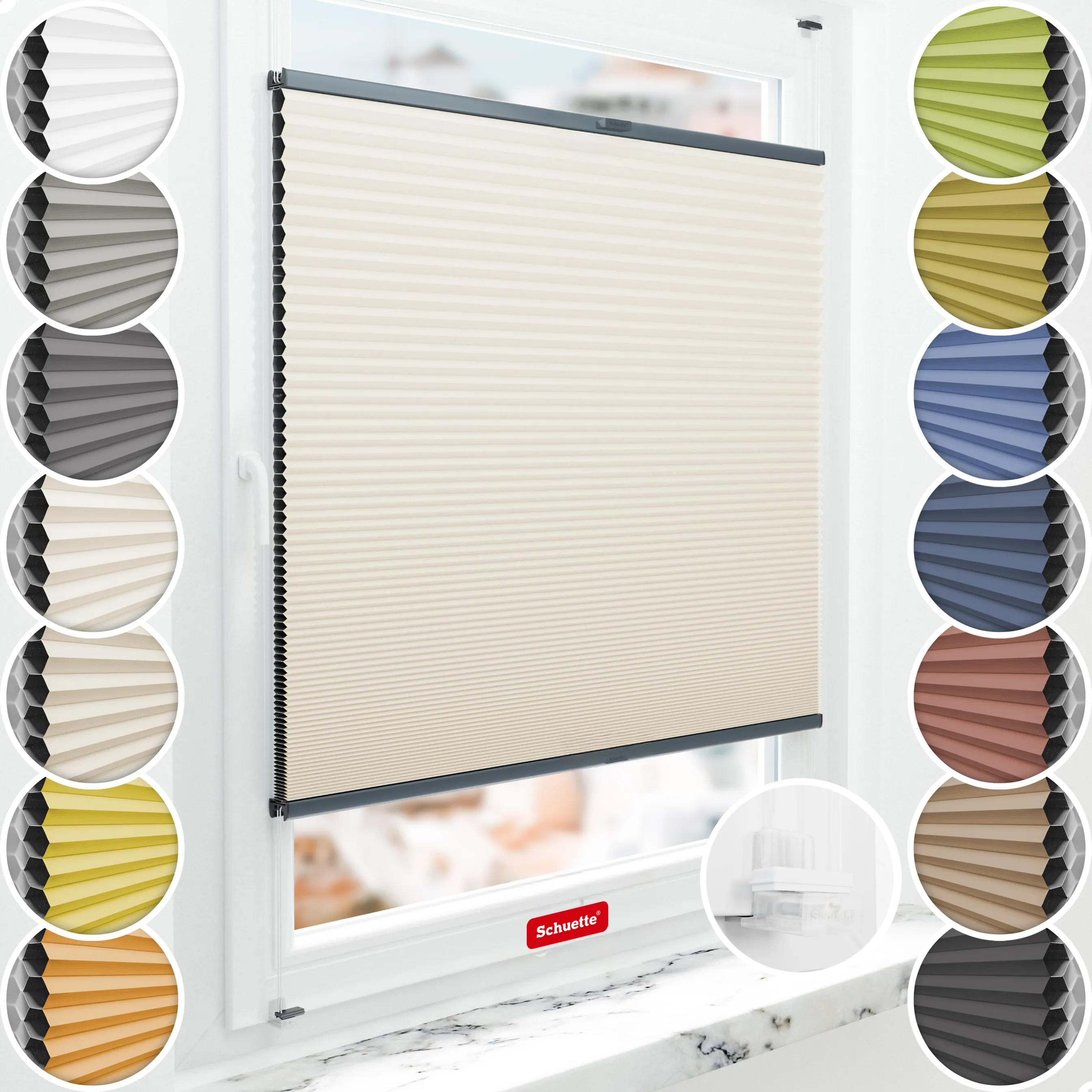 Schuette® Wabenplissee ohne Bohren nach Maß • Suprafix Klemmhalter “Incognito X" • Honey Kollektion: Calm Coast (Beige) • Profilfarbe: Anthrazit