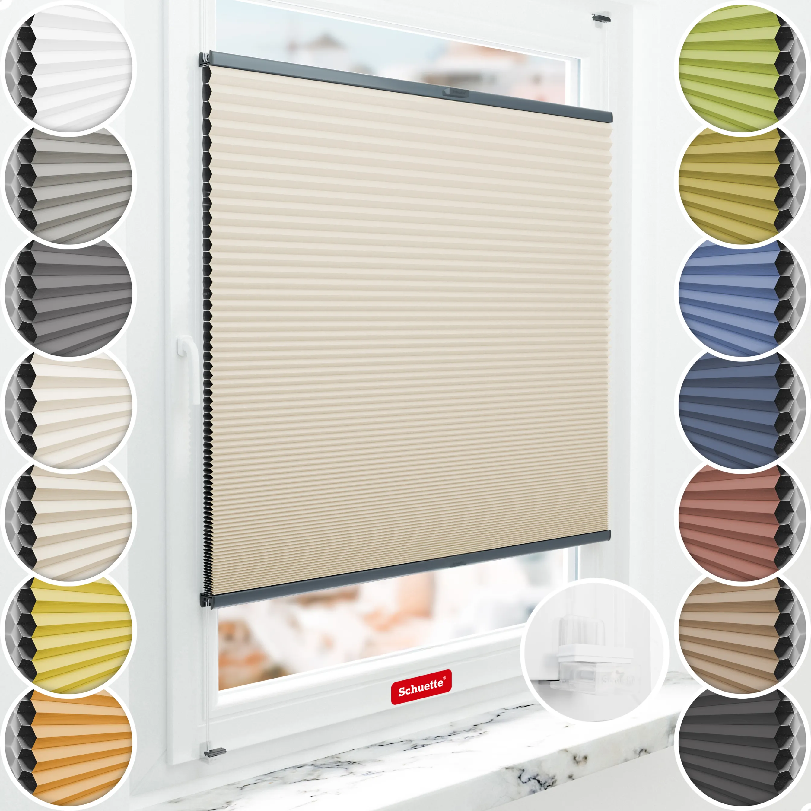 Schuette® Wabenplissee ohne Bohren nach Maß • Suprafix Klemmhalter “Incognito X" • Honey Kollektion: The Dune (Beige) • Profilfarbe: Anthrazit