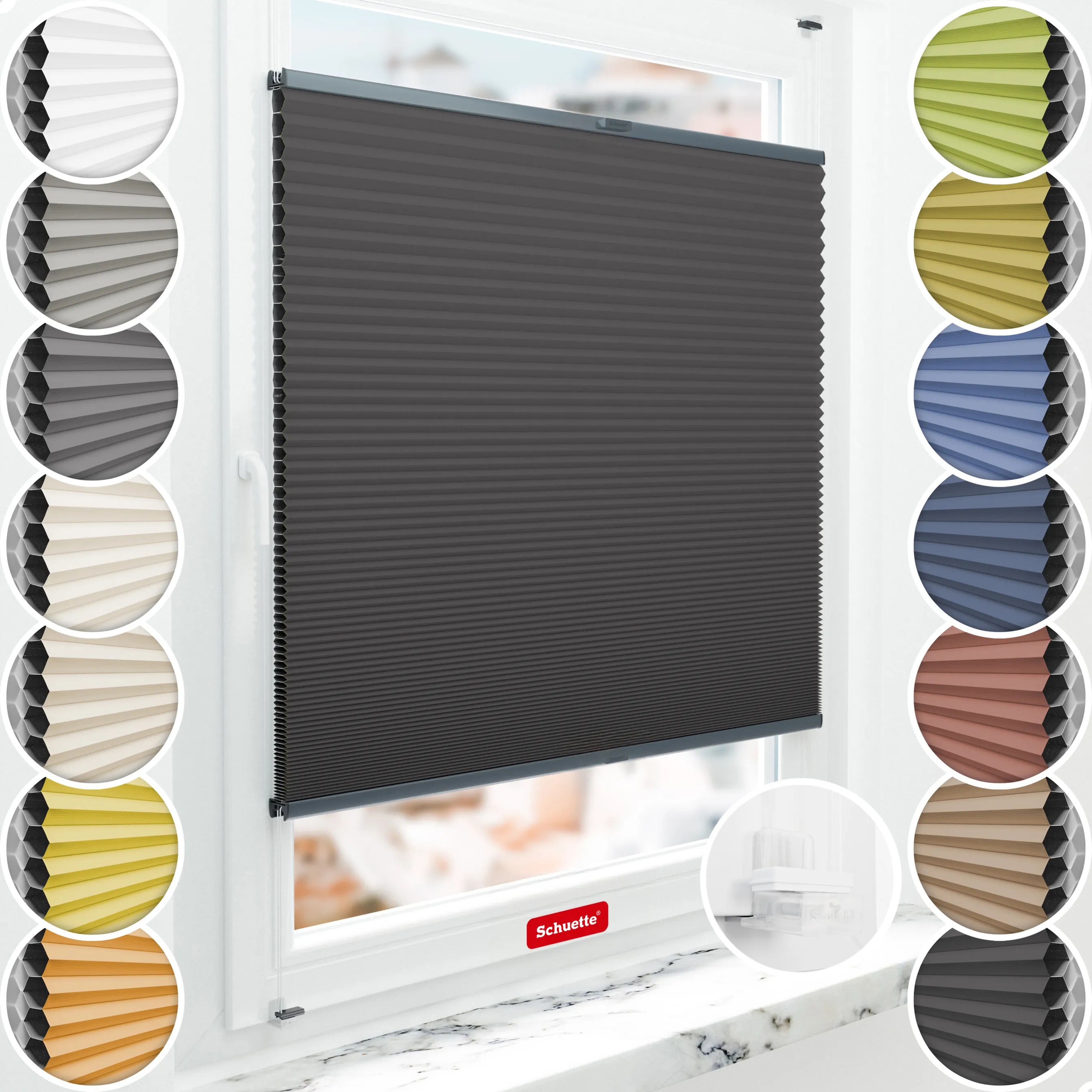 Schuette® Wabenplissee ohne Bohren nach Maß • Suprafix Klemmhalter “Incognito X" • Honey Kollektion: Starry Night (Schwarz) • Profilfarbe: Anthrazit