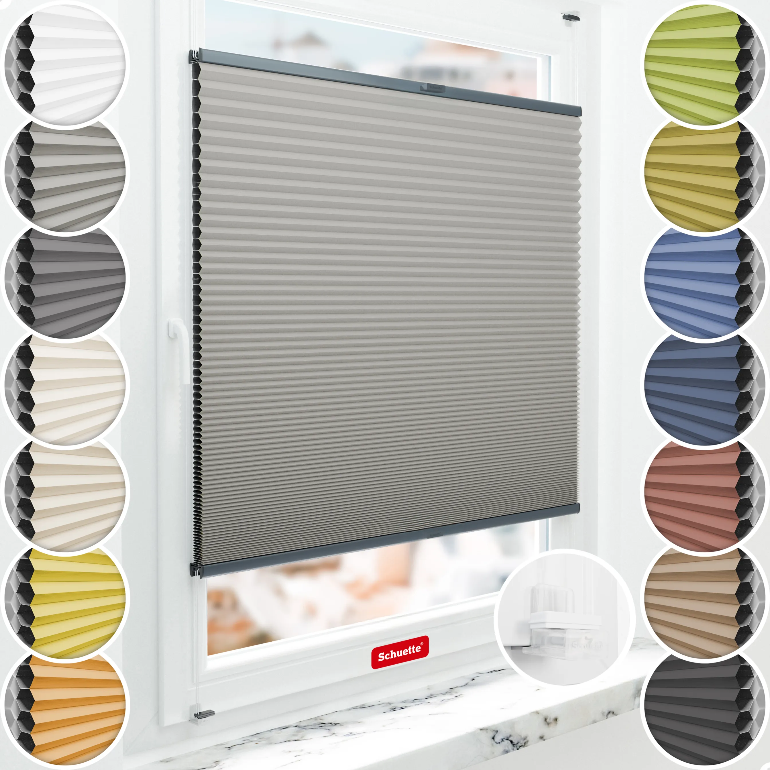 Schuette® Wabenplissee ohne Bohren nach Maß • Suprafix Klemmhalter “Incognito X" • Honey Kollektion: Silver Mist (Grau) • Profilfarbe: Anthrazit