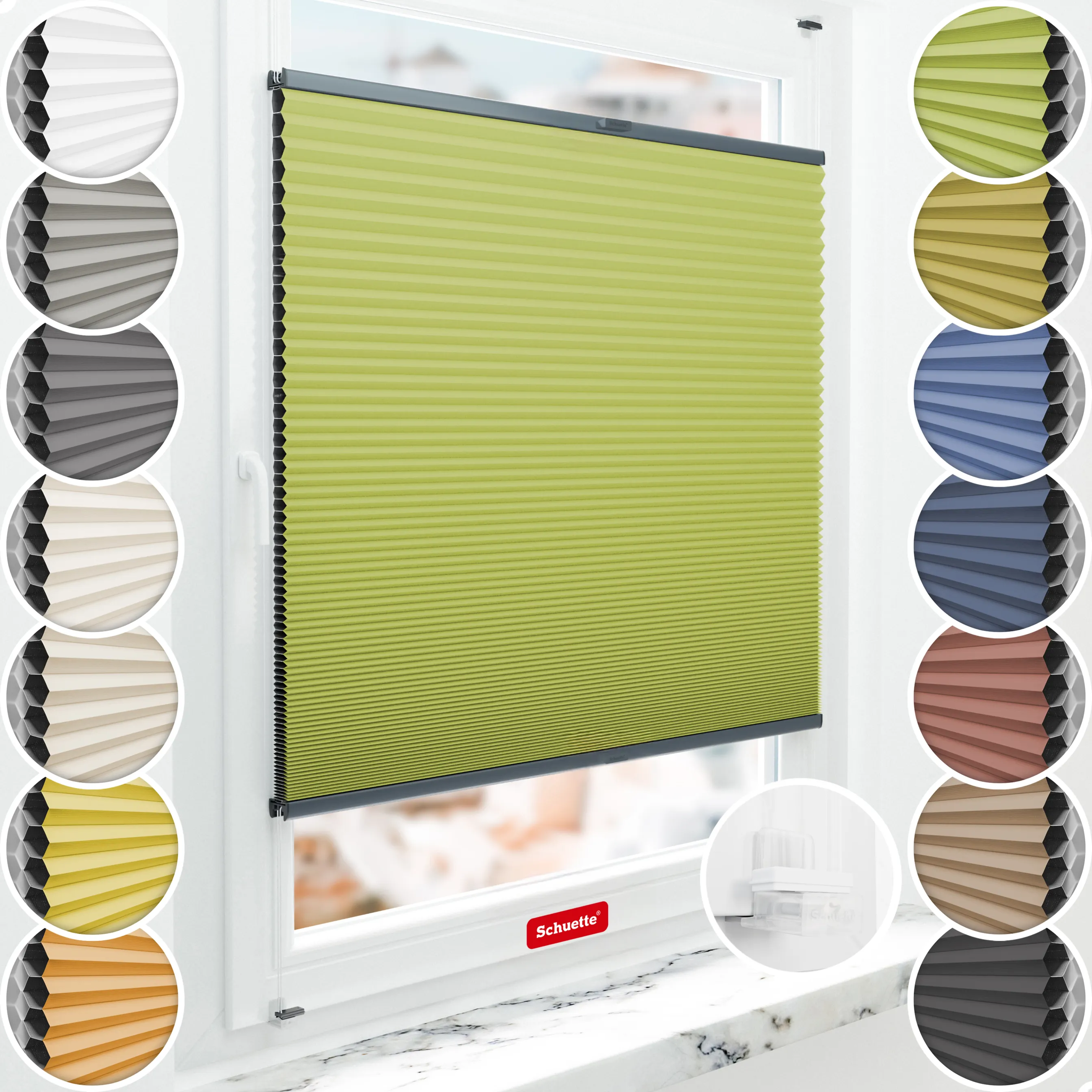Schuette® Wabenplissee ohne Bohren nach Maß • Suprafix Klemmhalter “Incognito X" • Honey Kollektion: Green Tea (Grün) • Profilfarbe: Anthrazit