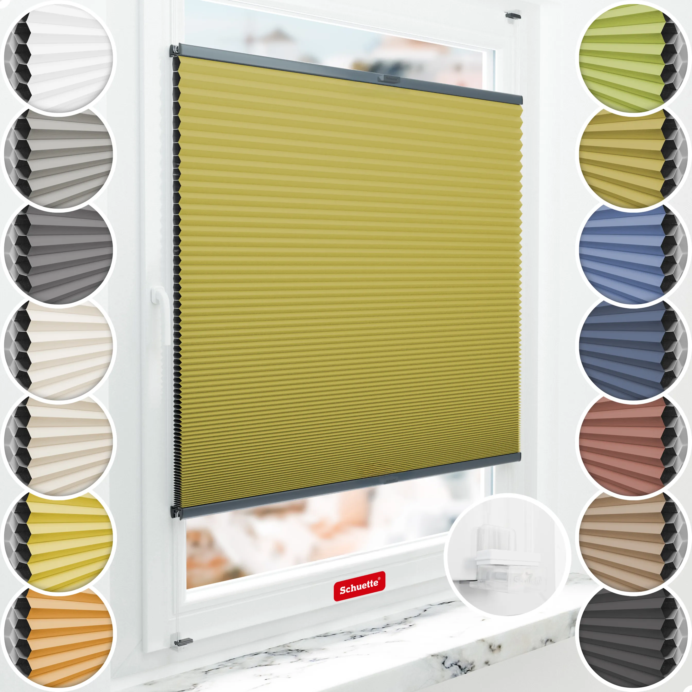 Schuette® Wabenplissee ohne Bohren nach Maß • Suprafix Klemmhalter “Incognito X" • Honey Kollektion: Olive Branch (Olivgrün) • Profilfarbe: Anthrazit