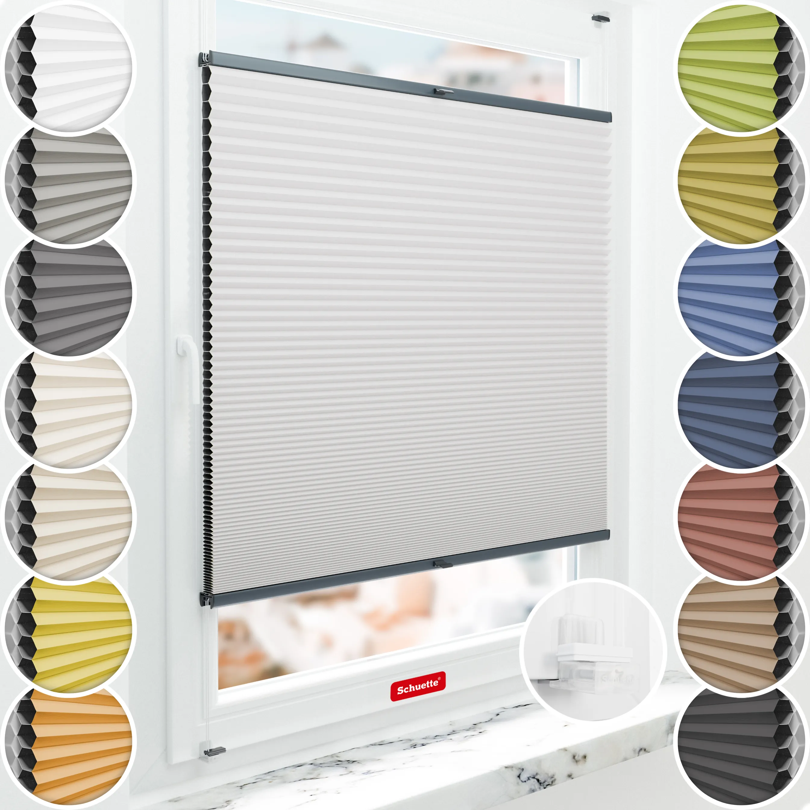 Schuette® Wabenplissee ohne Bohren nach Maß • Suprafix Klemmhalter “Incognito X" • Honey Kollektion: Gray-zy in Love (Pastellgrau) • Profilfarbe: Anthrazit