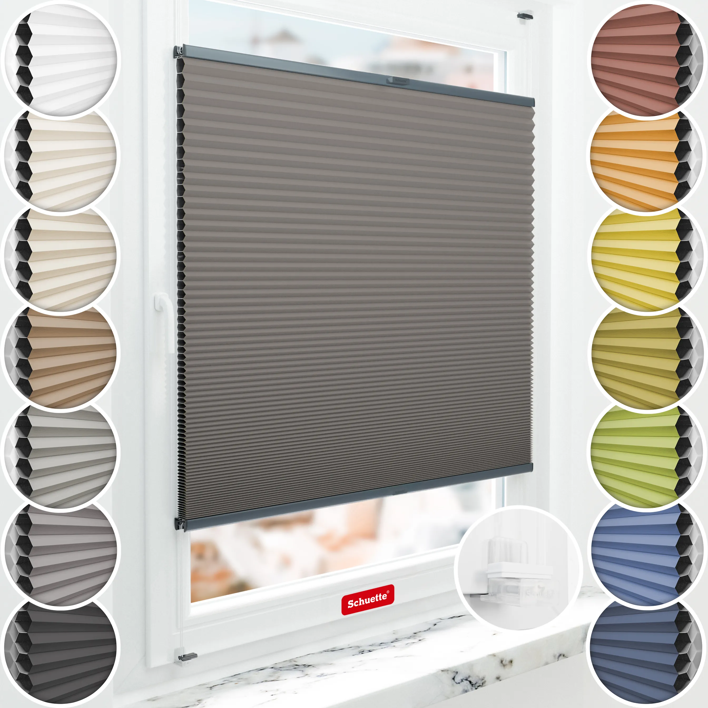 Schuette® Wabenplissee ohne Bohren nach Maß • Suprafix Klemmhalter “Incognito X" • Honey Kollektion: Swiss Chocolate (Taupe) • Profilfarbe: Anthrazit